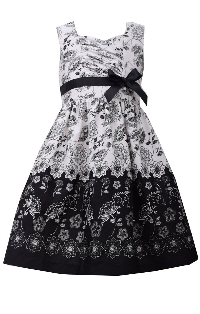 Bonnie Jean Girls Floral Toile Print Cotton Dress 4-6X - Black/White Border Design for Special Occasions & Family Photos