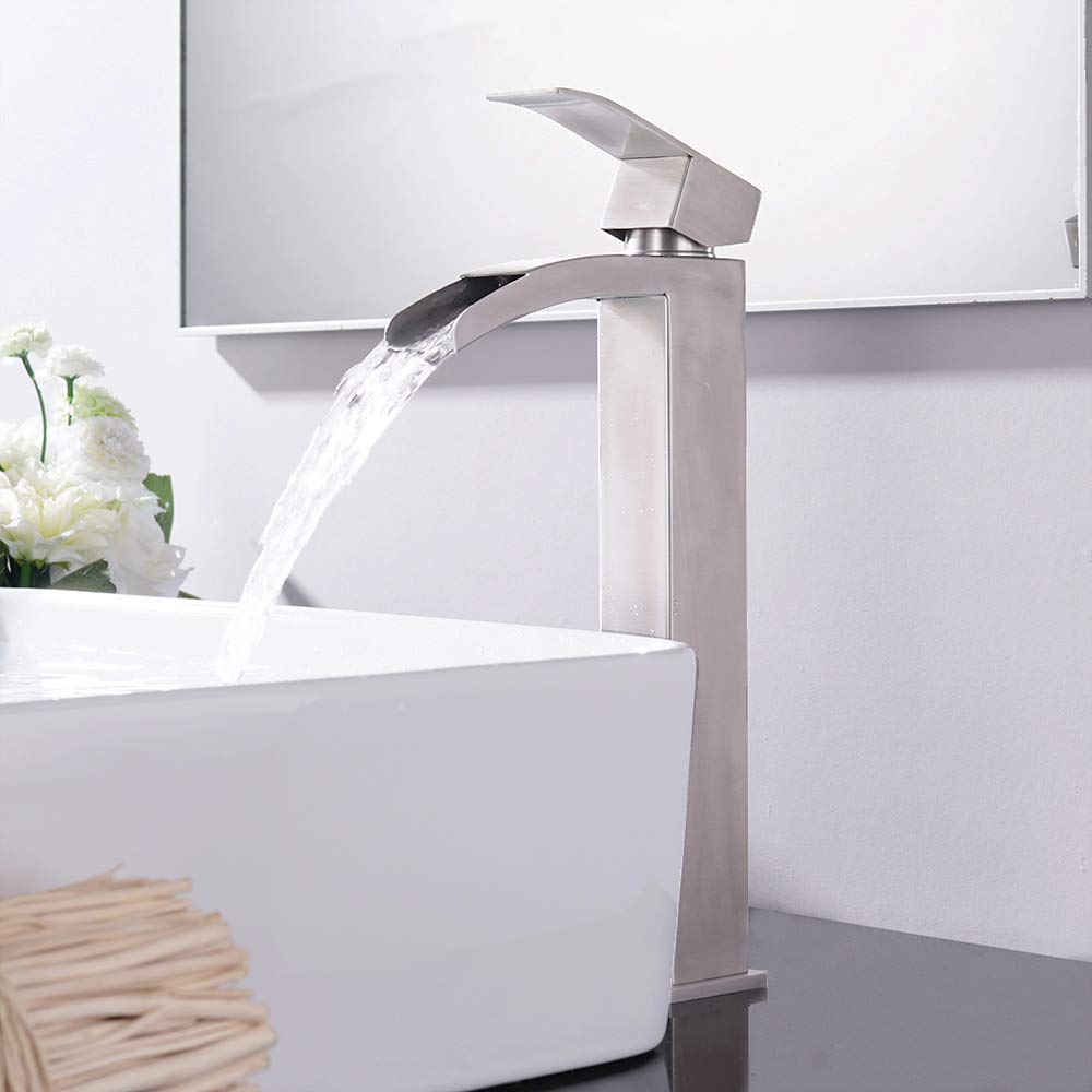 Modern Brushed Nickel Tall Waterfall Vessel Sink Faucet - Single Handle Mixer Tap with Two 3/8