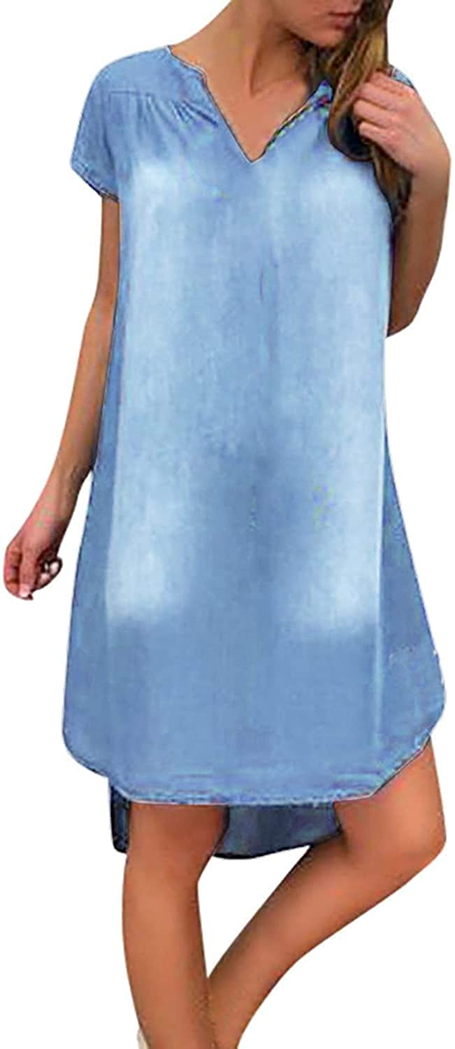 Hoolep Women's Denim Dress Summer Short Sleeve V-Neck High Low Tunic Midi Jean Dress - Casual Outfit for Beach, Shopping & Date Night