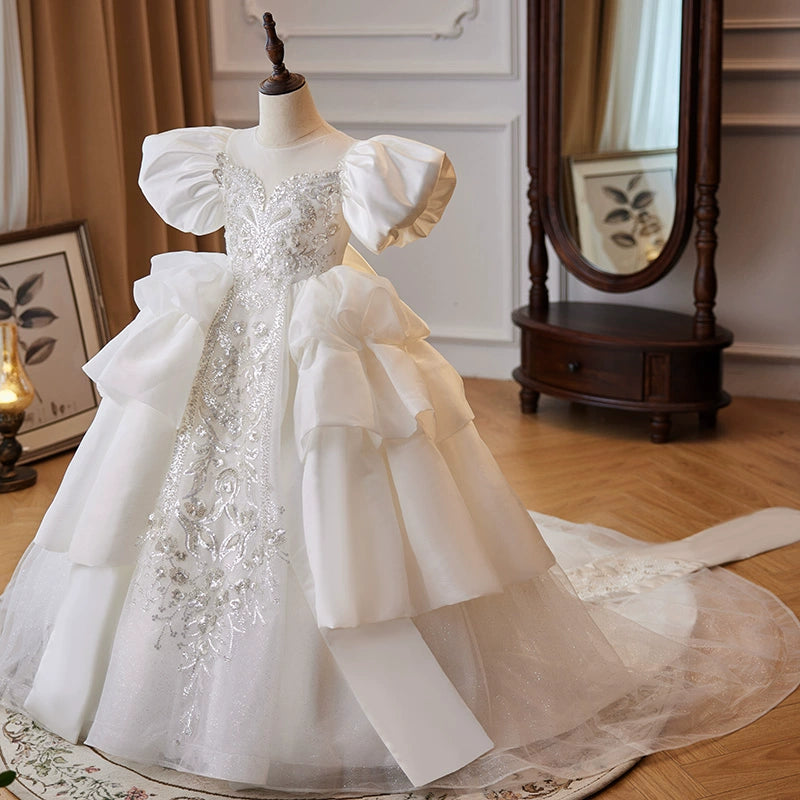 Princess Round Neck Floor Length Satin Flower Girl Dress for Weddings - White Flower Girl Dress for Bridal Party, First Communion, Pageants & Special Occasions