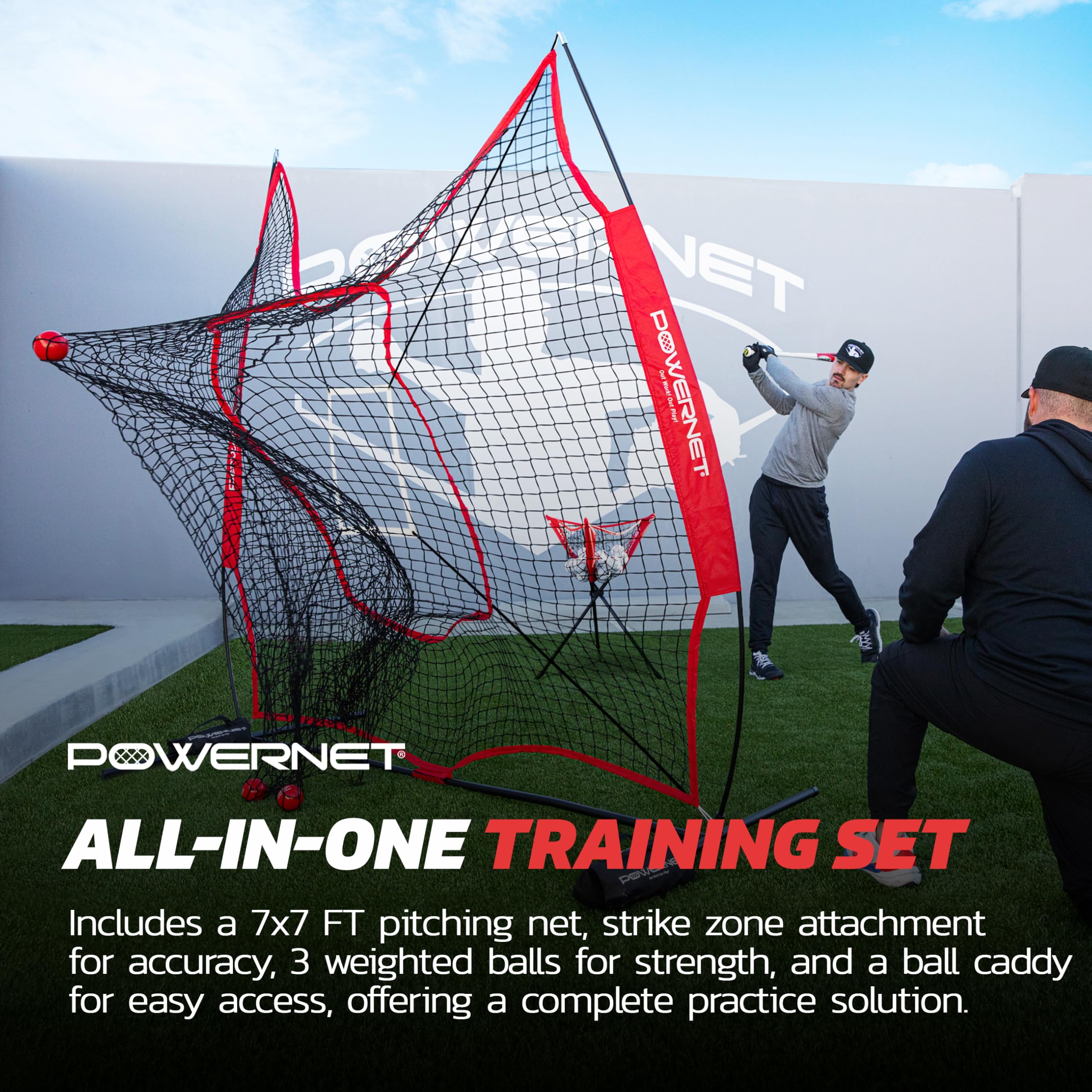 PowerNet 7x7 Baseball & Softball Practice Net with Pitching, Batting & Fielding Accessories - Includes Ball Caddy, Weighted Baseballs & Tee - Perfect for Backyard Training, Team Drills & Solo Practice Sessions