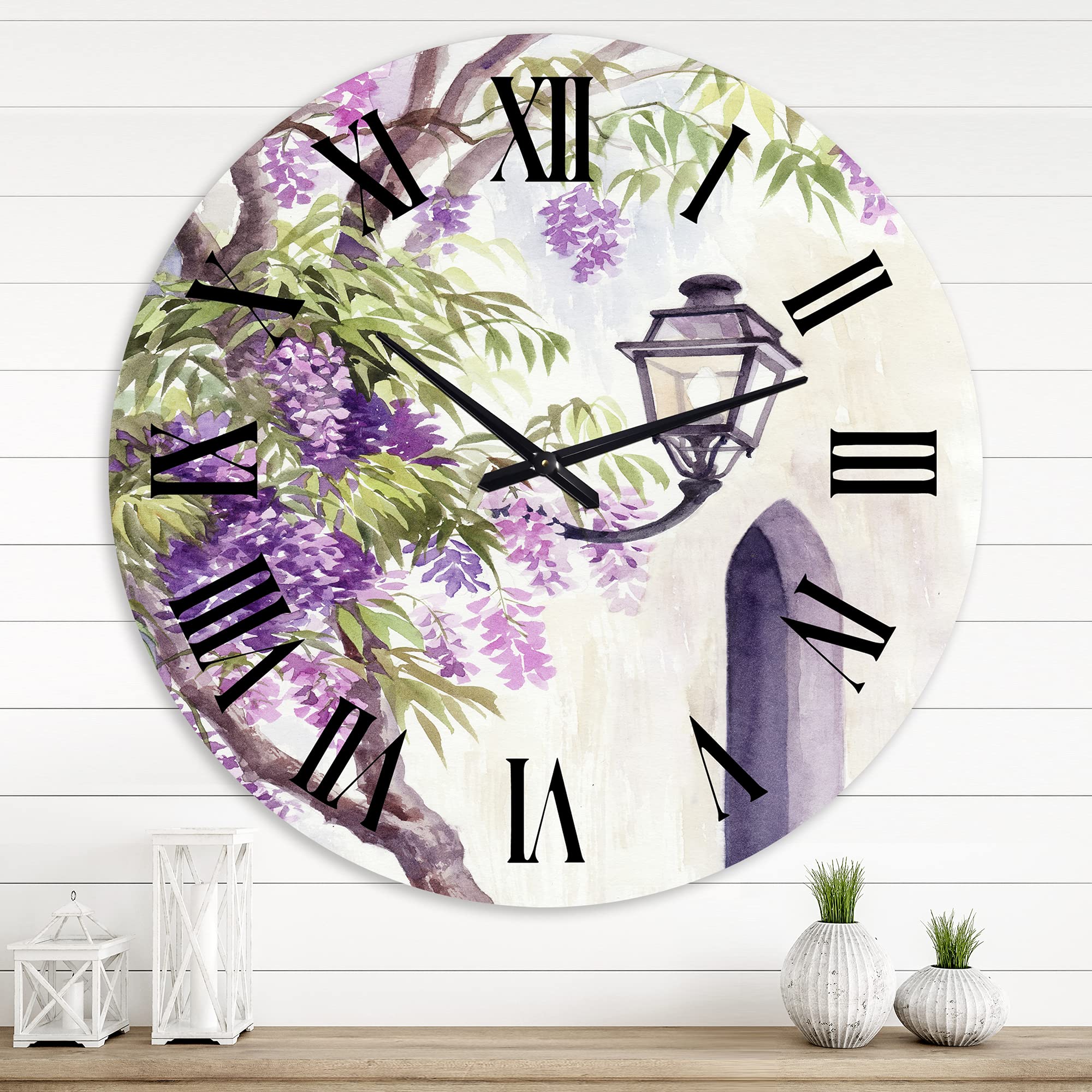 DesignQ Traditional Wall Clock 'Wisteria and Lantern' - Large Landscape & Nature Wall Clock for Living Room, Bedroom, Office Decor - Perfect for Home, Office & Gift Giving