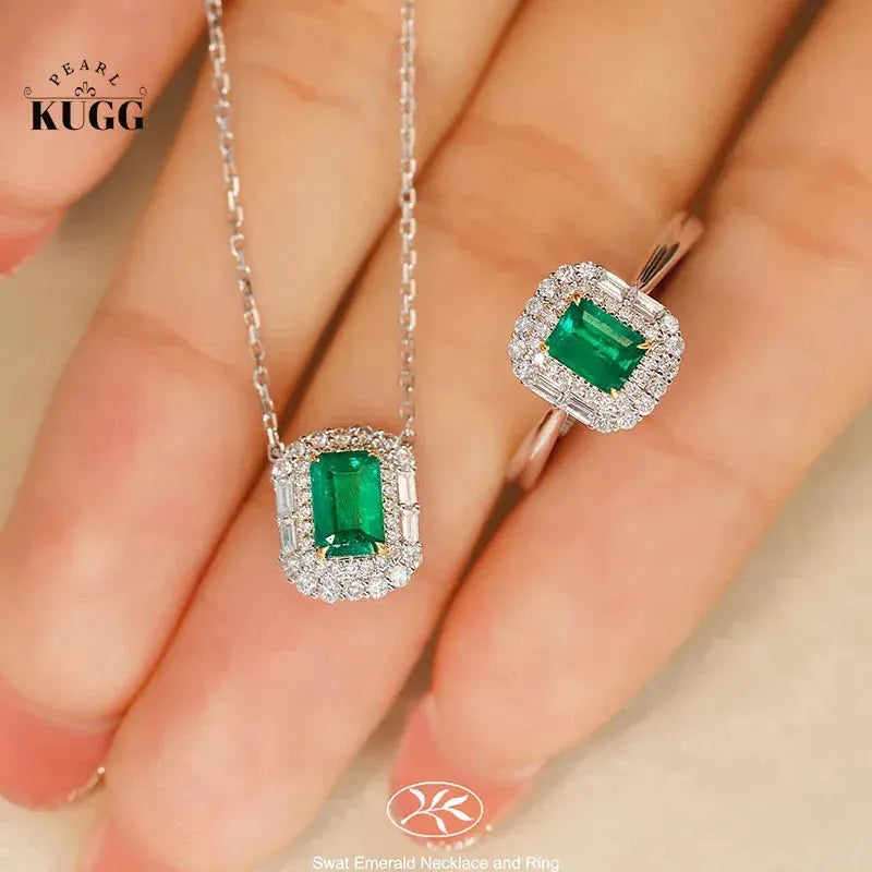 18K White & Yellow Gold Necklace with Real Diamond & Natural Emerald Gemstone - Classic Wedding Jewelry Set for Women | Elegant Bridal Gift, Anniversary Present, Valentine's Day Jewelry