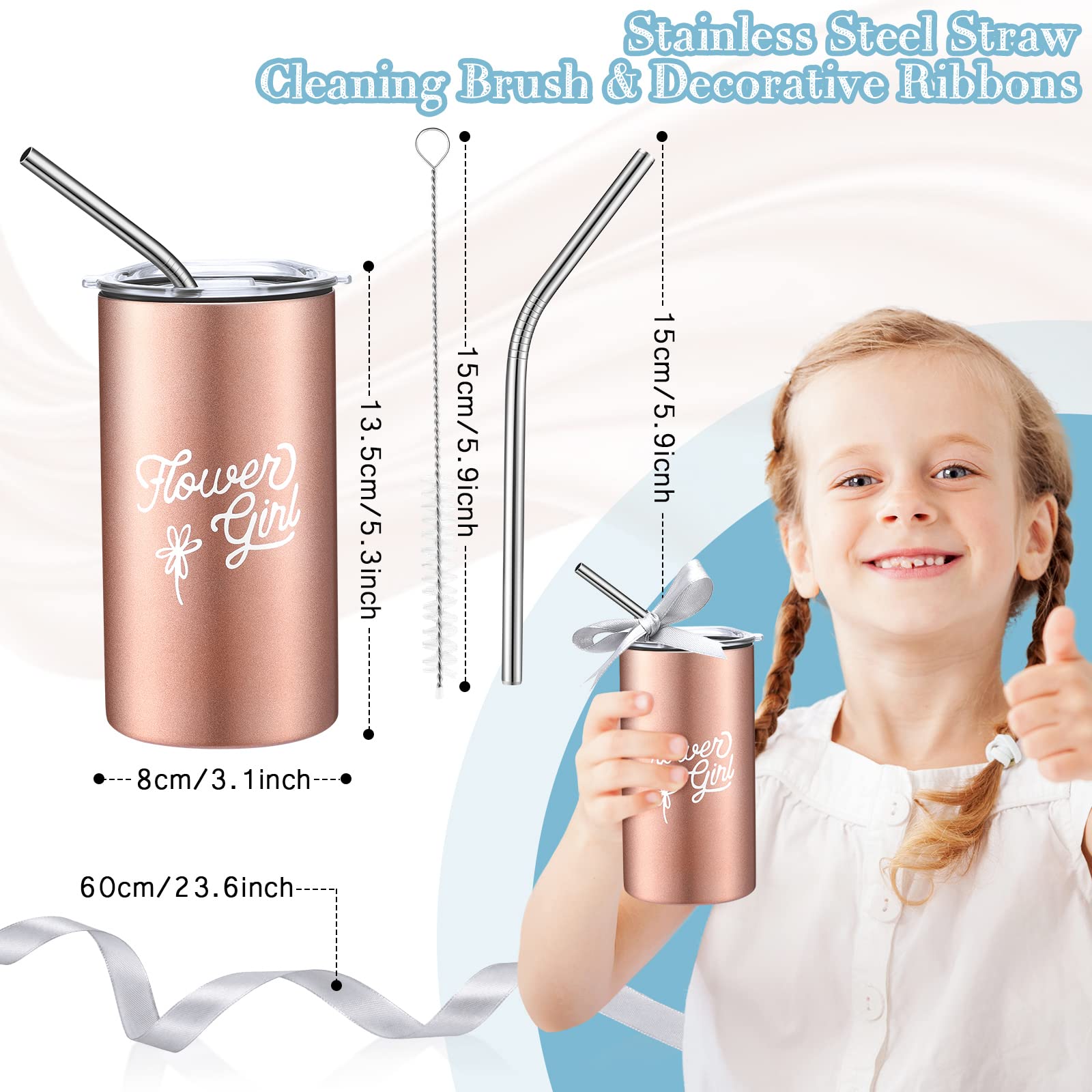 Rose Gold Flower Girl Tumbler with Straw - Wedding Proposal Gift for Bride & Valentine Party