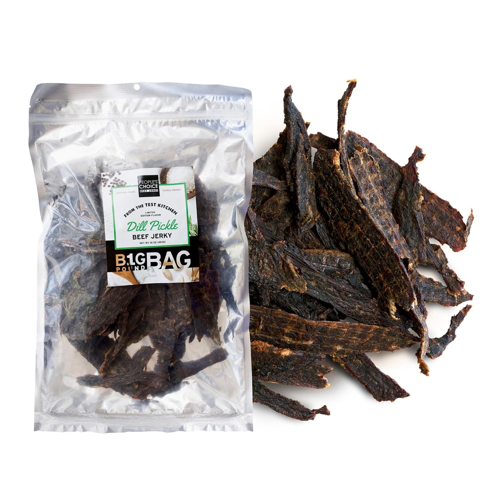 People's Choice Beef Jerky - Small Batch Dill Pickle Flavor - High Protein, Gluten Free Snack for Adults - Perfect for Camping, Backpacking & Road Trips - 1 Pound (16 oz) Bag - Keto-Friendly & Low Carb On-The-Go Snacks