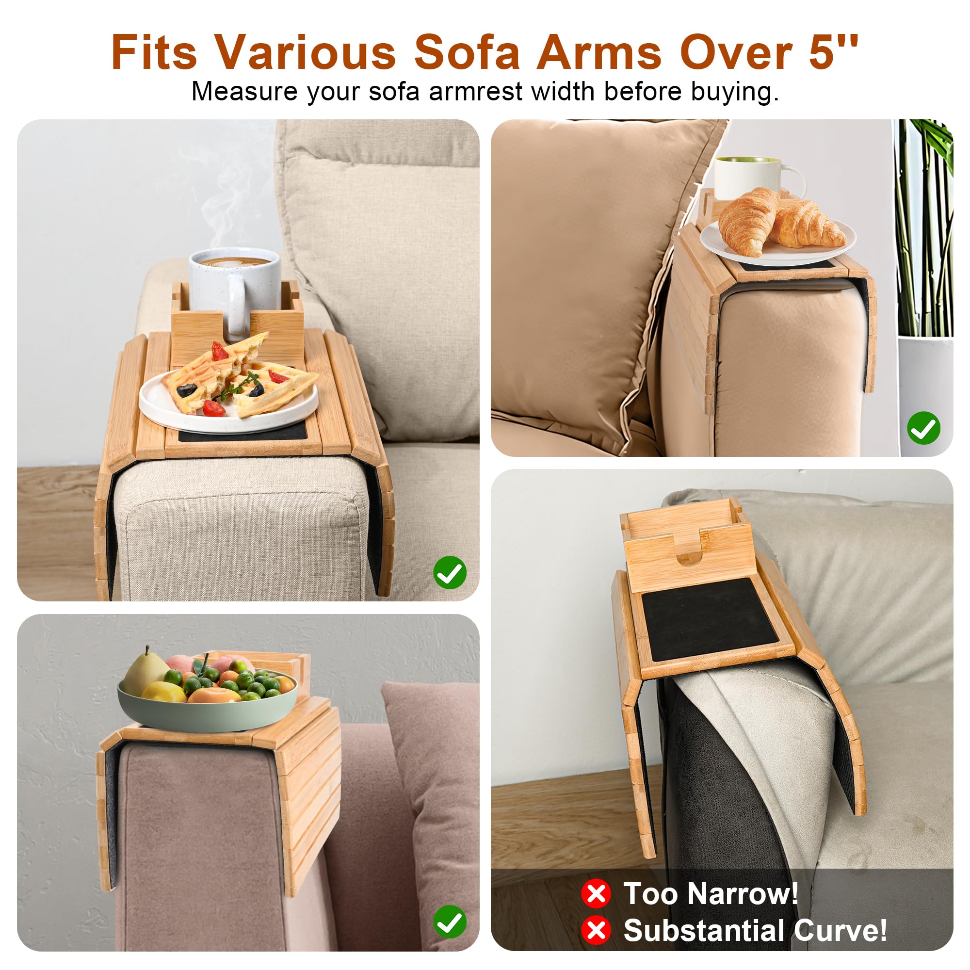 Joy&Grace Bamboo Sofa Armrest Tray with Large Mug Holder - Foldable Anti-Slip Couch Cup Holder & Arm Table for Eating, Drinking, Holding Phone - Perfect for Living Room, Bedroom, Office (Natural Color)