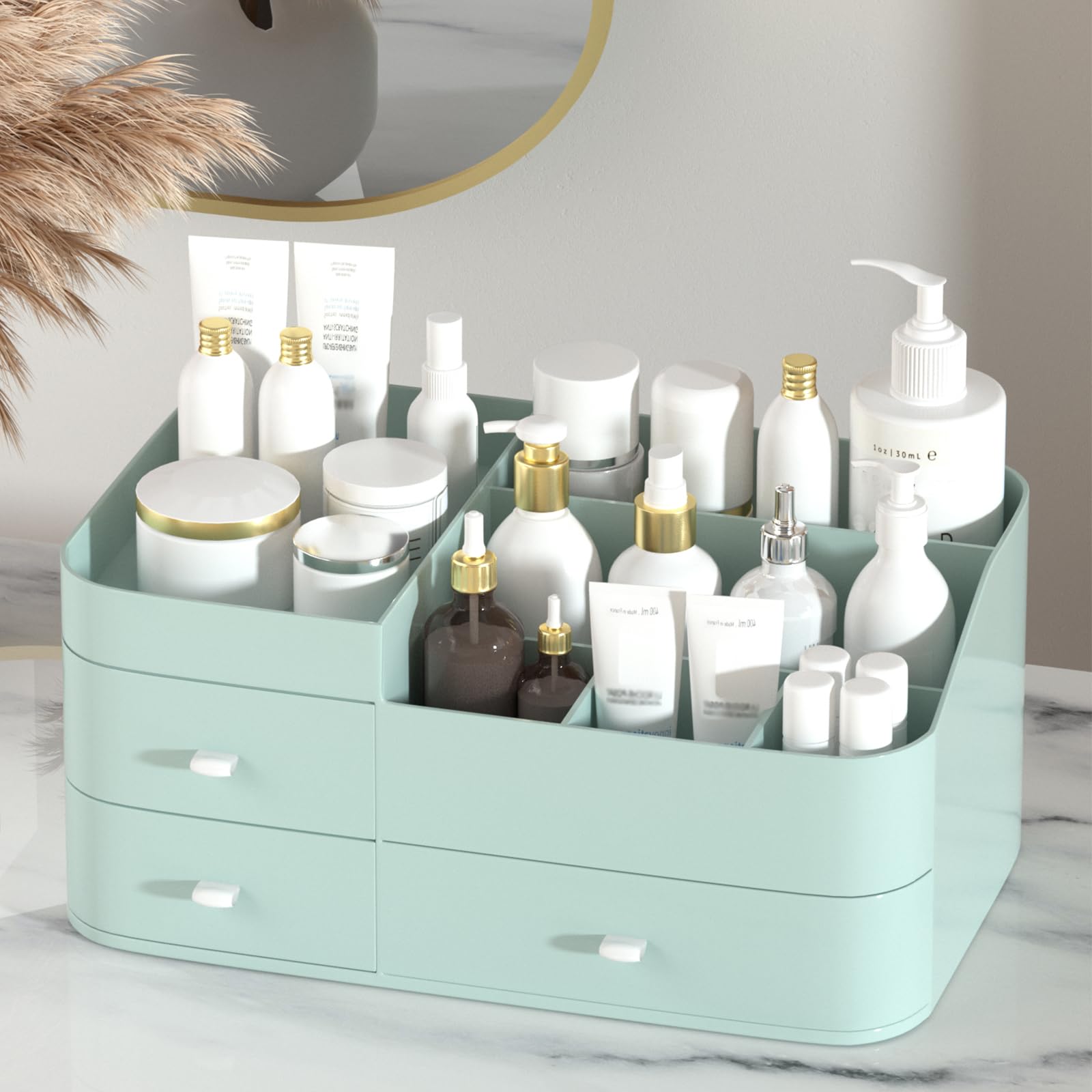 MIUOPUR Large Capacity Makeup Organizer with Drawers - Cosmetic Storage for Lipsticks, Jewelry, Nail Care & Skincare | Vanity & Desk Organizer | Perfect for Bedroom, Bathroom Countertops & Dressing Tables (Green)
