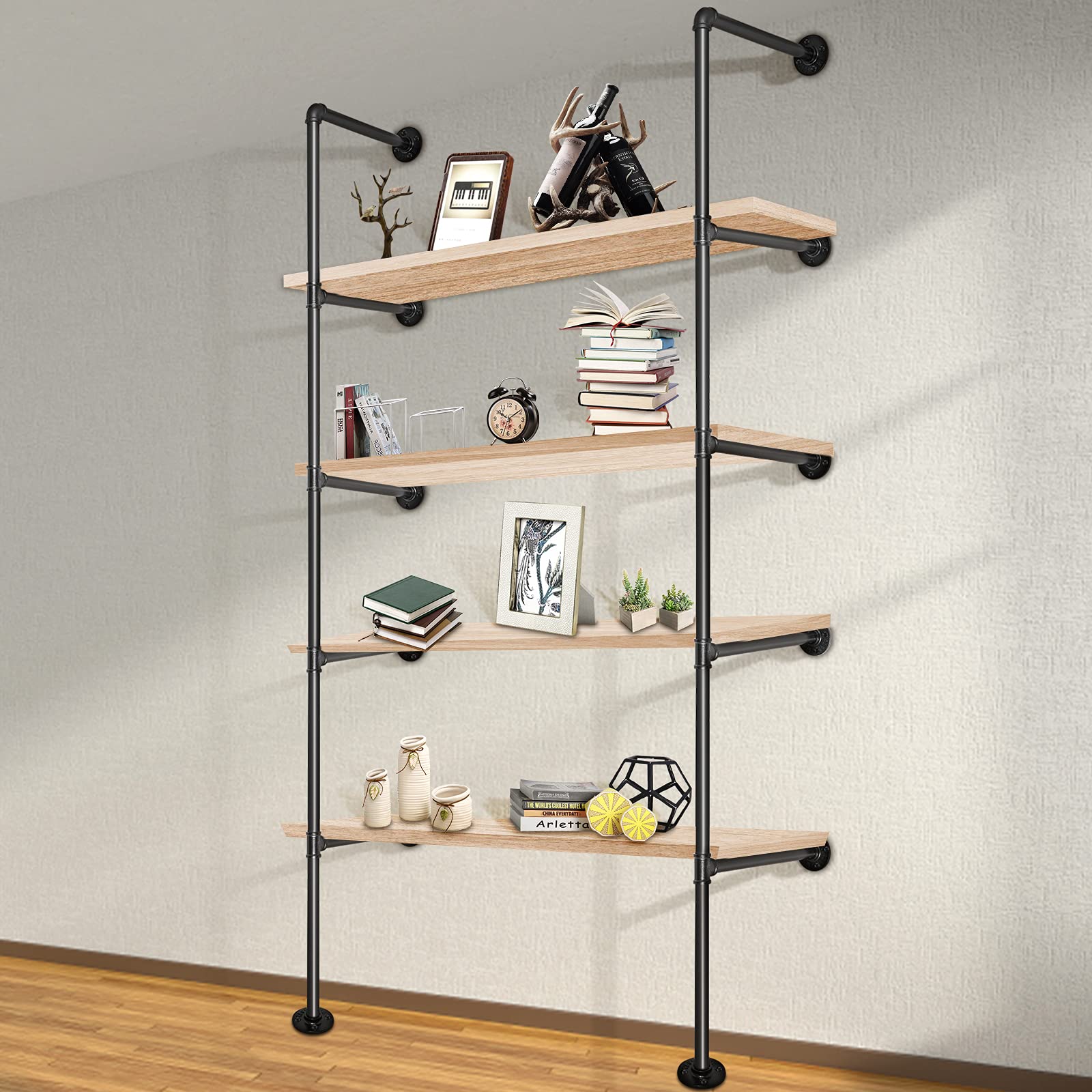 VEVOR 5-Tier Industrial Pipe Shelves Set of 2 - Heavy Duty Wall Mounted Iron Pipe Shelving Vintage Black - DIY Pipe Bookshelf Each Holds 44lbs - Open Kitchen Shelving for Bedroom, Living Room & Home Office with Accessories - Perfect for Storage, Display & Organization