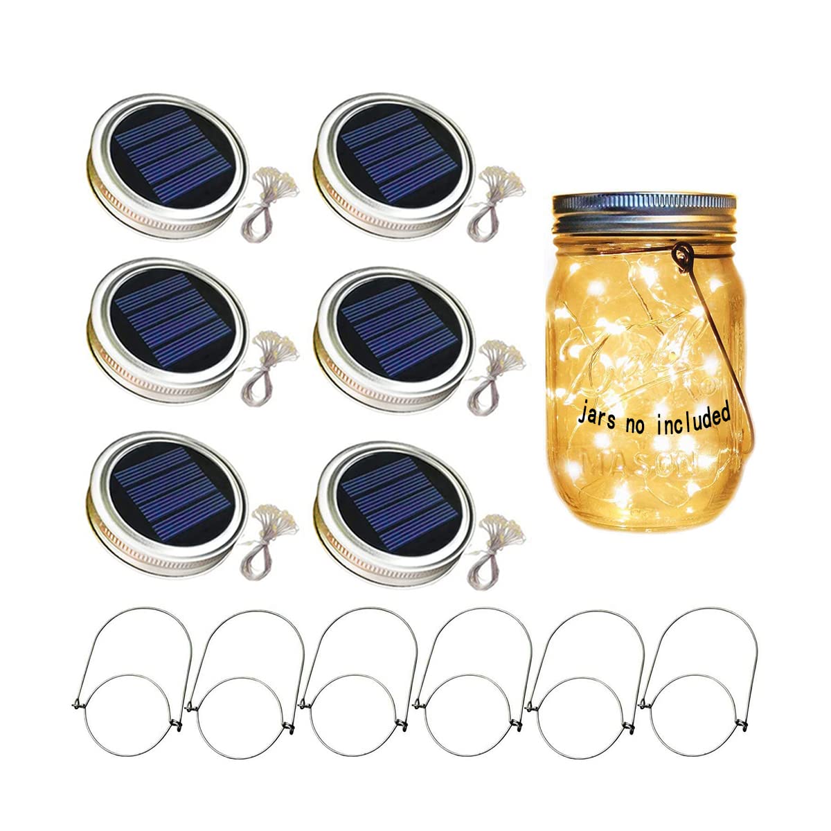 6 Pack Solar Mason Jar Lights Lid - 20 LED String Fairy Star Firefly Jar Lids with 6 Hangers, Outdoor Solar Lanterns for Patio, Garden, Yard, Wedding & Party Decor (Jars Not Included) - Perfect for Romantic Ambiance, Backyard Lighting & DIY Home Decoration
