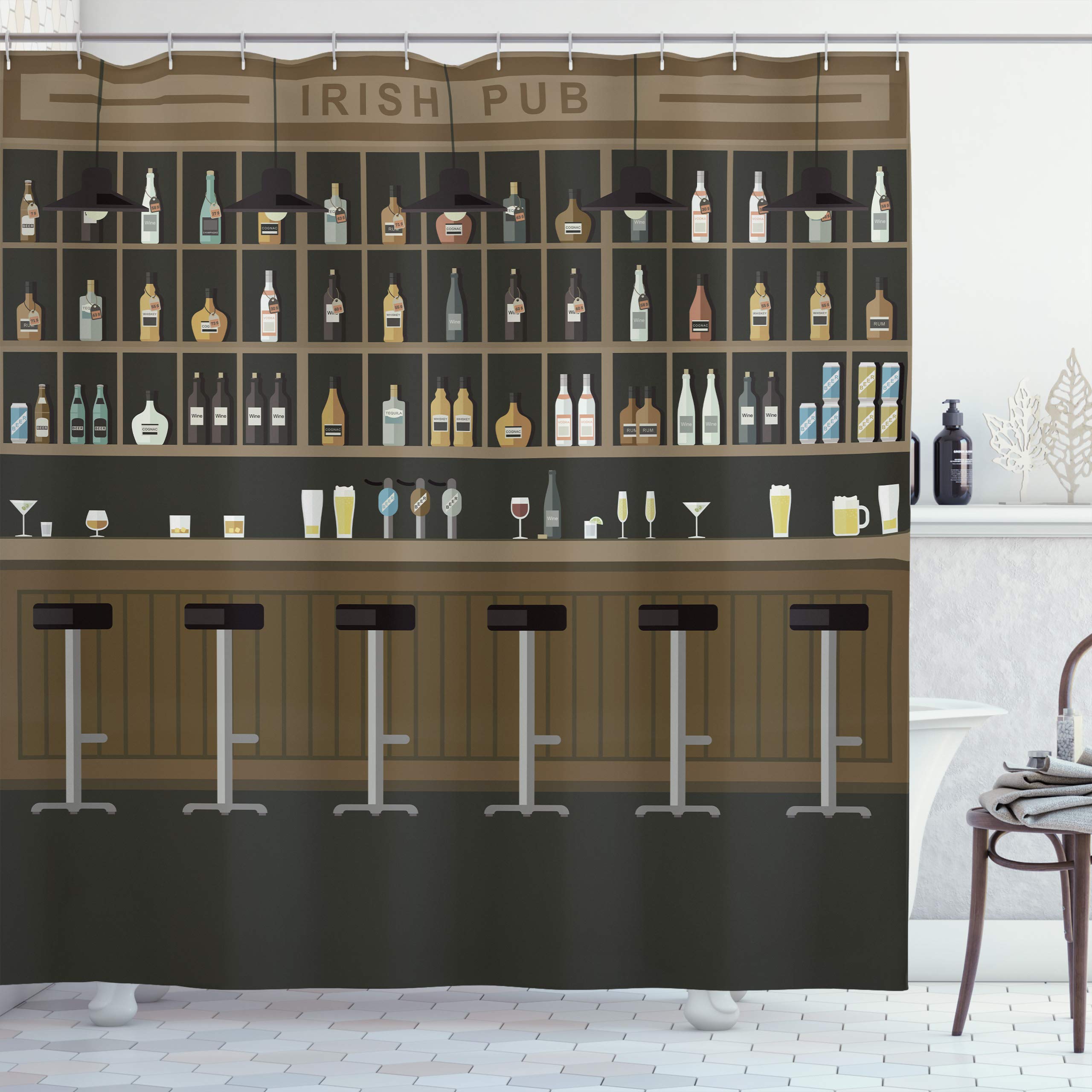 Ambesonne Irish Pub Themed Shower Curtain - Cartoon Bar & Restaurant Design with Stools, Bottles & Cocktails - 69x84 Inch Taupe Brown Fabric Bathroom Decor with Hooks - Perfect for Pub Lovers' Home & Bar Themed Bathrooms