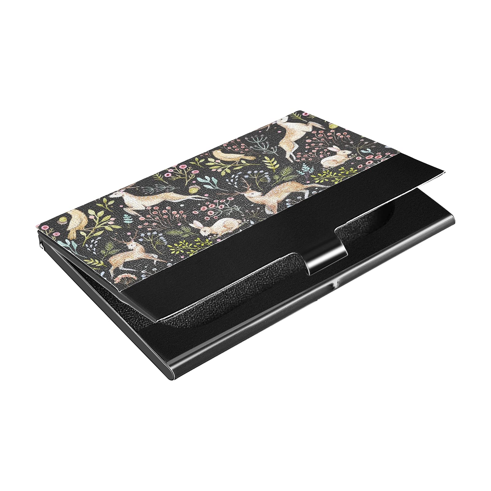 Premium Stainless Steel & Leather Business Card Holder - Slim ID Credit Card Wallet Organizer for Men & Women | Perfect for Office, Networking & Travel | OTVEE Deers Rabbits Bird Forest Design
