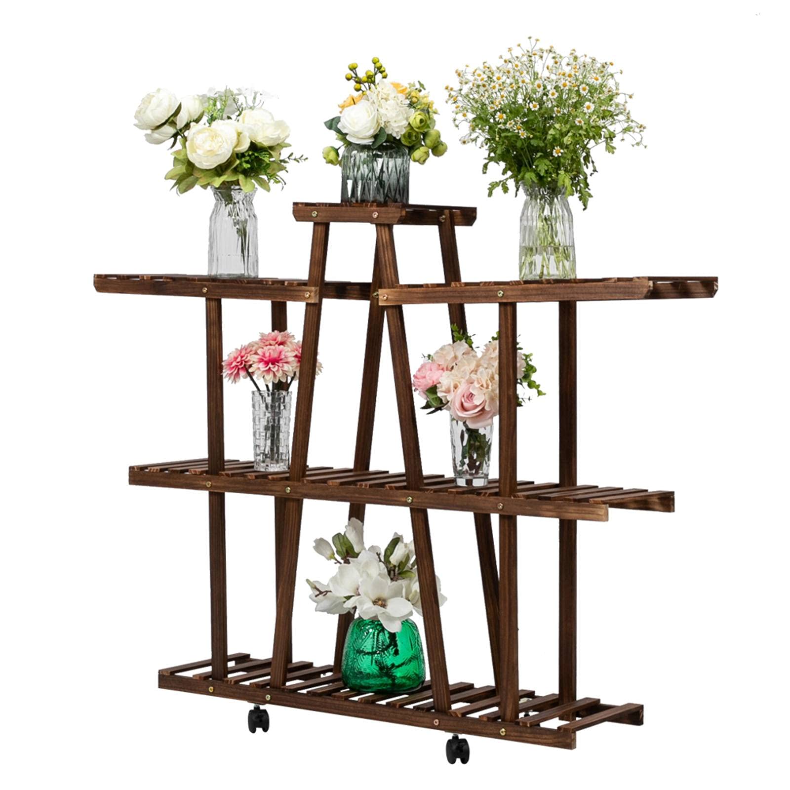 3-Tier Wooden Plant Stand for Indoor & Outdoor Use - 9-Seat Carbonized Ribbon Wheel Design - Perfect for Patio, Garden, Balcony, and Home Decor