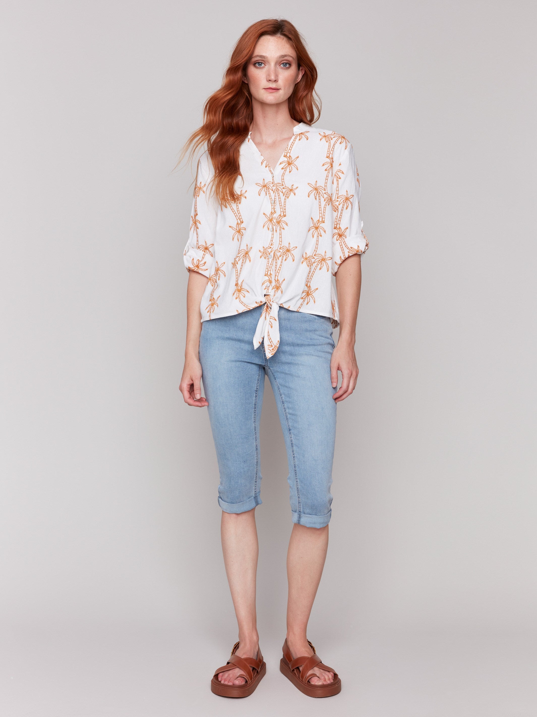 Elegant Embroidered Blouse with Front Tie - Floral Design Women's Top for Casual Wear & Office Outfits | Perfect for Spring & Summer Fashion