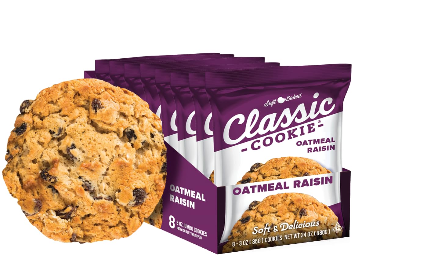 Soft Baked Oatmeal Raisin Cookies - Classic Homemade Style, 4 Pack (32 Individually Wrapped Cookies) - Perfect for School Lunches, Office Snacks & Family Gatherings