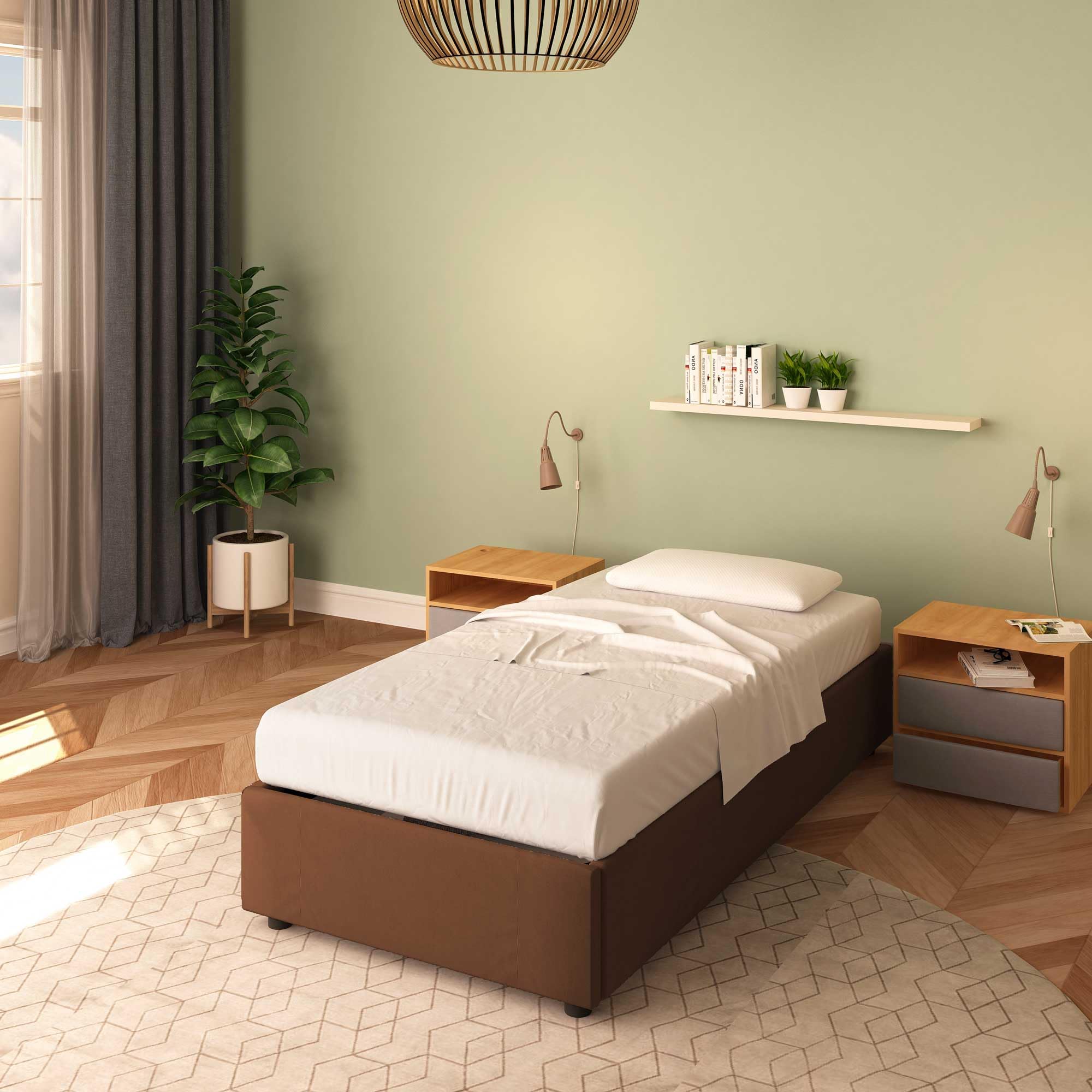Baldiflex Cloe Square and Half Bed with Fabric Storage, No Headboard, Slatted Base for Mattresses, 100 x 200 cm, Brown - Perfect for Small Bedrooms, Guest Rooms, and Space-Saving Solutions