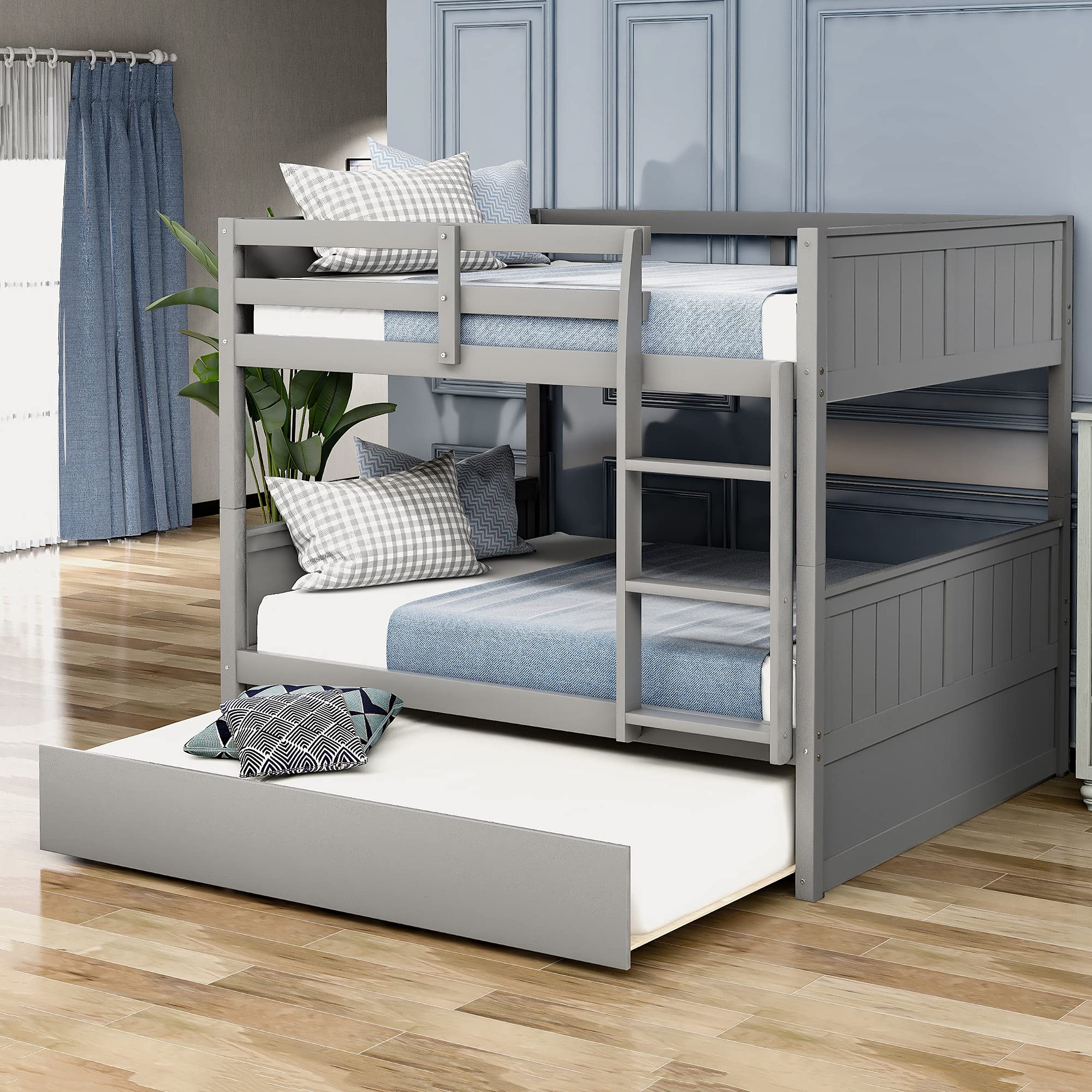 P PURLOVE Full Over Full Bunk Bed with Twin Trundle - Sturdy Wood Bunk Bed Frame with Ladder & Safety Rails - Space-Saving Bunk Beds for Teens & Kids - No Box Spring Required (Gray) - Perfect for Small Bedrooms, Guest Rooms & Vacation Homes