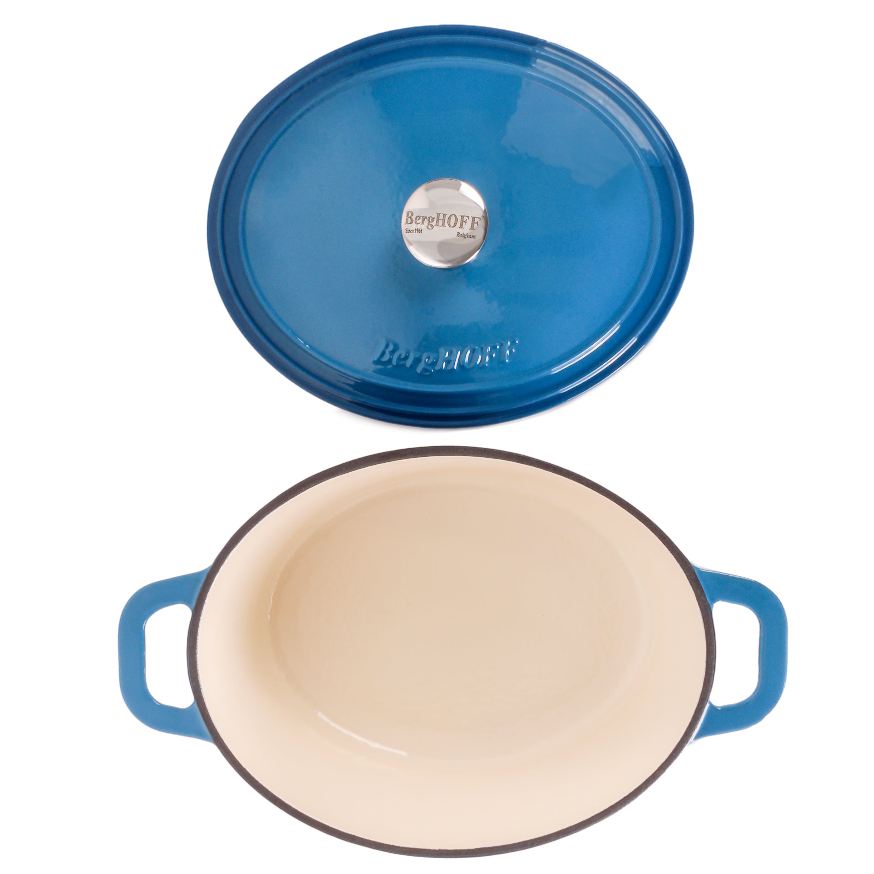 BergHOFF Neo Cast Iron 5 Quart Oval Dutch Oven with Lid - 11.5 Inch Blue Enameled Cookware for Braising, Roasting & Baking - Perfect for Stovetop, Oven & Camping Use