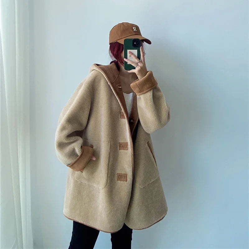 Women's Fashion Sheep Shearling Fur Jacket - Warm Mid-Length Casual Wool Coat with Hood | Korean Style Winter Outerwear for Women | Perfect for Daily Wear, Office & Outdoor Activities