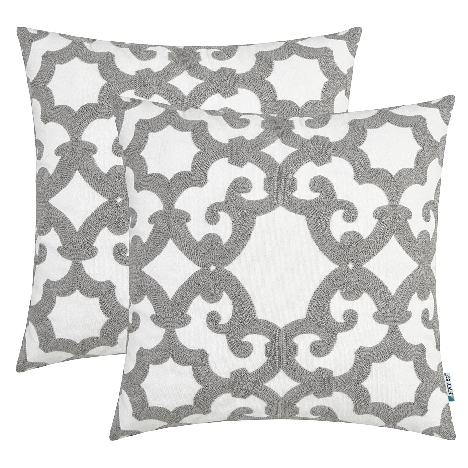 HWY 50 Gray Embroidered Geometric Throw Pillow Covers 18x18 Inch - Set of 2 Decorative Cushion Cases for Sofa, Bed & Bedroom - Perfect for Living Room Decor, Cozy Home Accents and Modern Interior Design