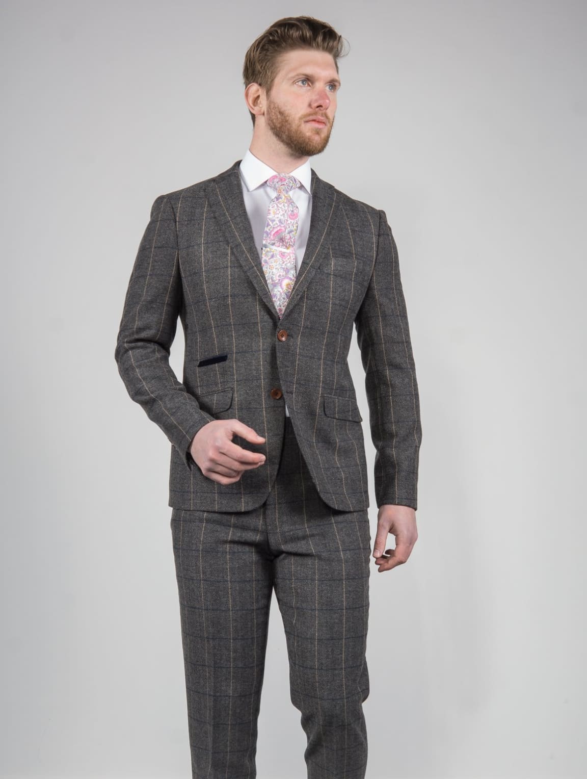 Ezra Men's Grey Herringbone Slim Fit Tweed Blazer Jacket for Business, Wedding & Formal Events | Classic Wool Sport Coat for Office & Special Occasions