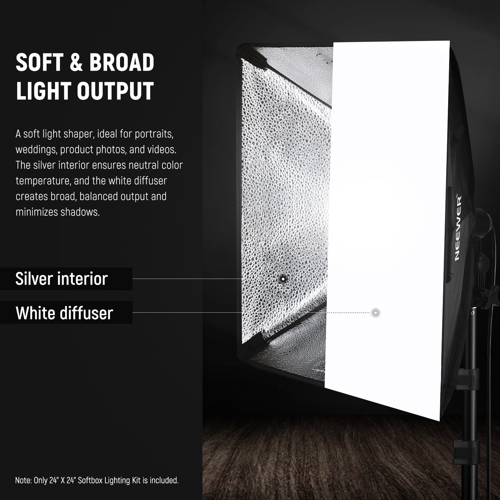 NEEWER NK300 24x24 Inch 60x60cm 350W Equivalent Softbox Lighting Kit for Photography, YouTube Videos, and Studio Portraits