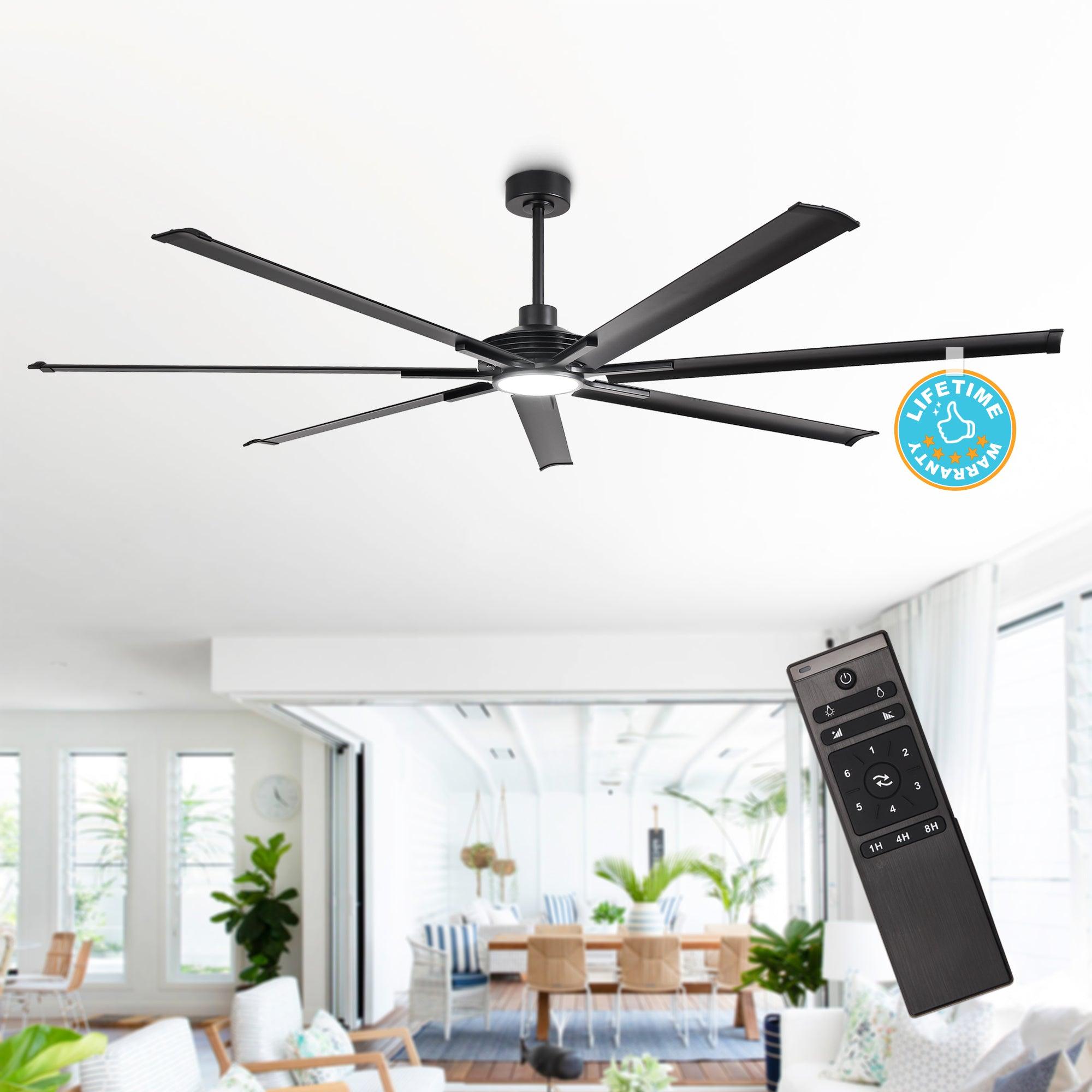 84 Inch & 100 Inch Large Black Ceiling Fan with Remote Control - Dimmable LED Light, Quiet Reversible Motor for Living Room, Bedroom, Patio - Energy Efficient Modern Home Cooling Solution