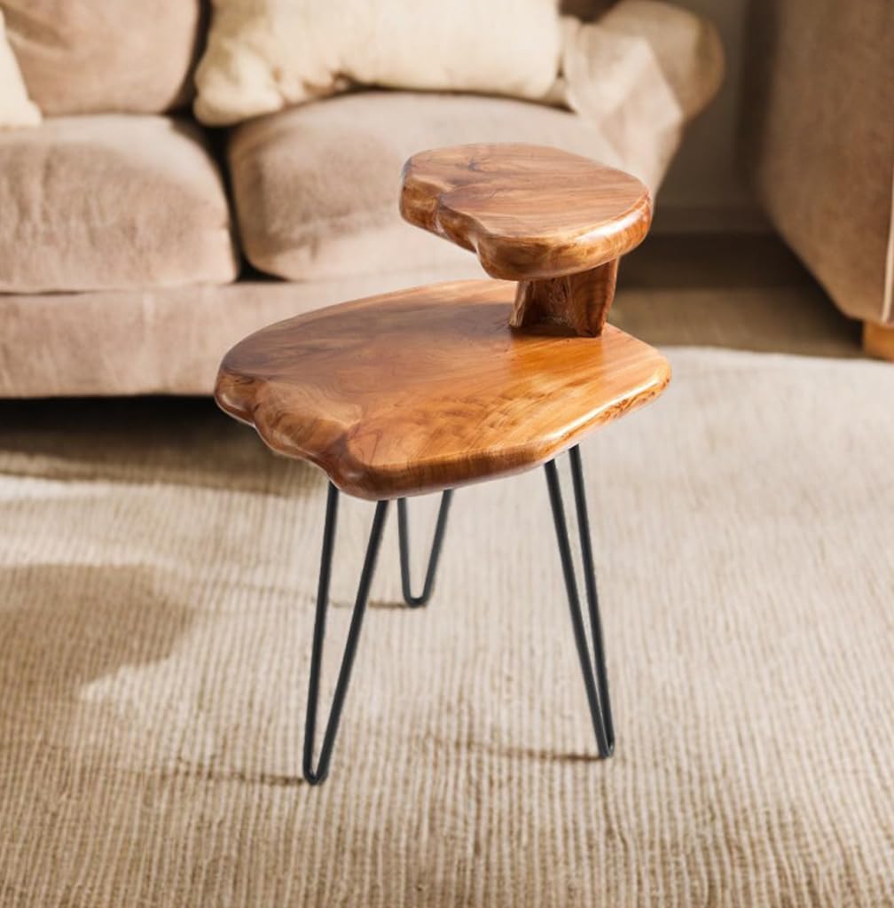 Double-Deck Cedar Solid Wood Coffee Table 16x16x26 Inches - Natural Vintage Rustic Accent Table for Living Room, Patio & Bedroom | Outdoor Side Table, Plant Stand & Sofa End Table with Live Edge Design