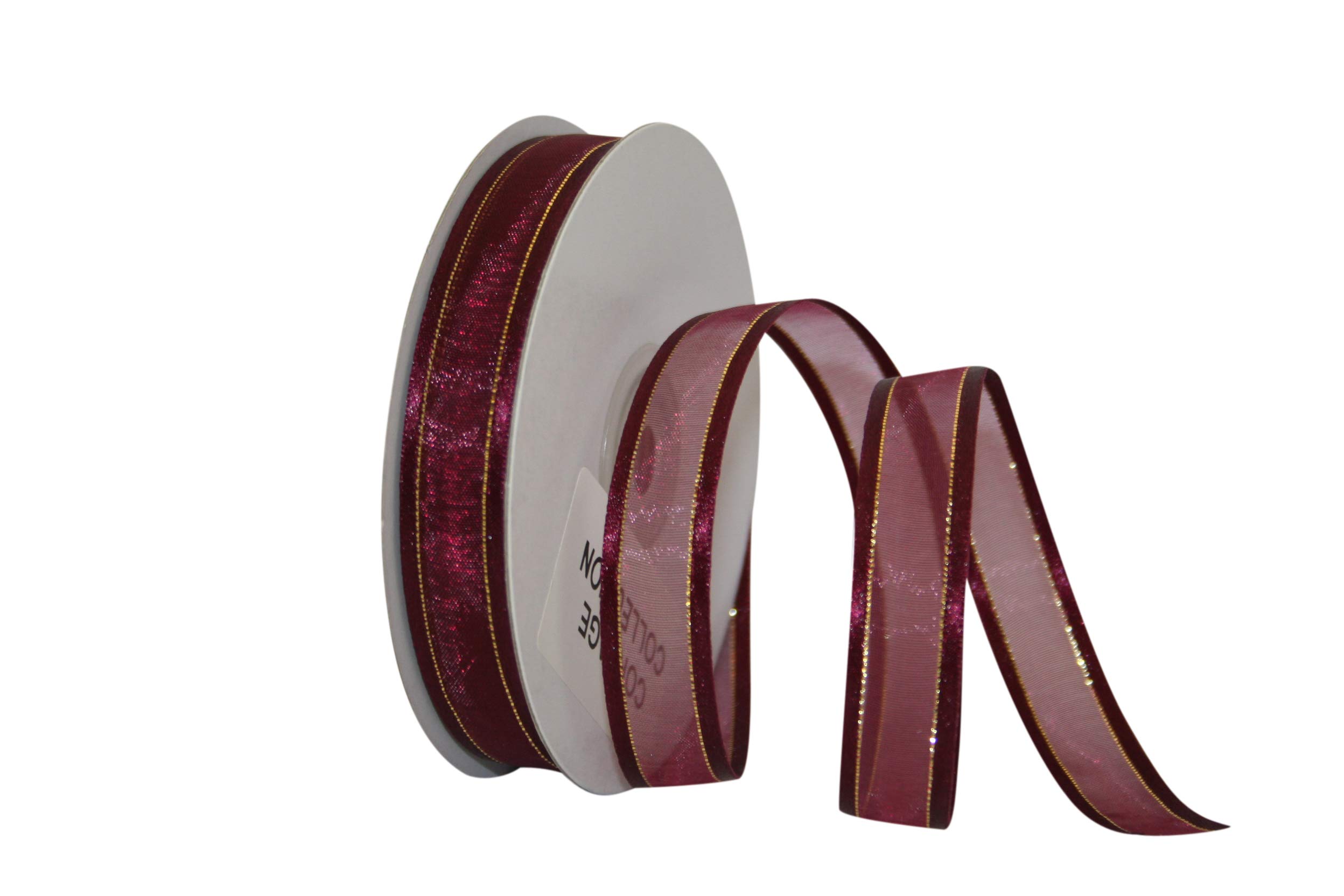 Reliant Ribbon Sheer Satin Edge Metallic Ribbon - 5/8 Inch x 25 Yards, Burgundy - Perfect for Gift Wrapping, Wedding Decorations & Craft Projects