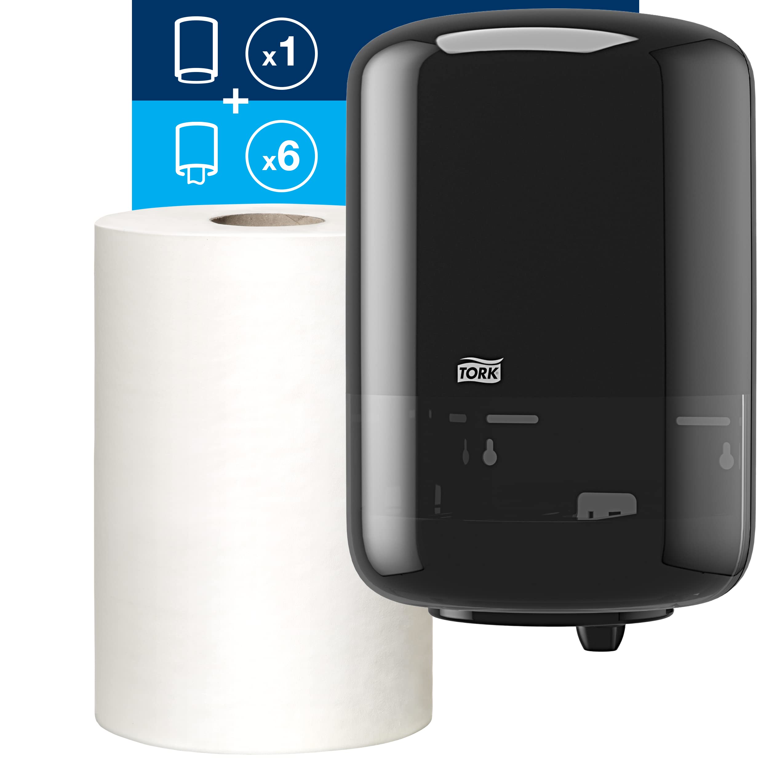 Tork Industrial Centerfeed Paper Towel Dispenser - Black (M2) with White Refill - 6 Rolls x 600 Sheets for Commercial Restrooms, Kitchens & Office Break Rooms