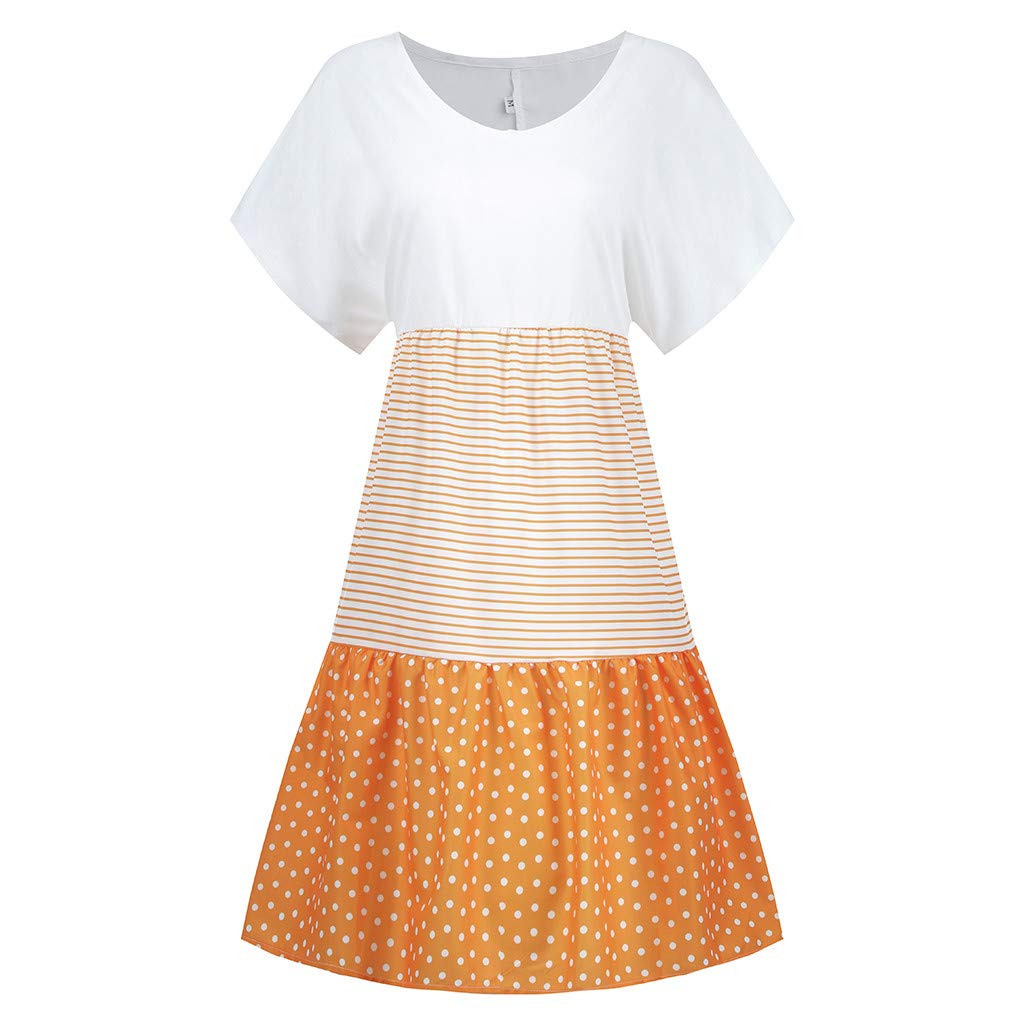 RKSTN Women's Summer Casual Loose Midi Dress - Striped Dot Patchwork Plus Size Flowy Dress for Beach, Vacation & Everyday Wear