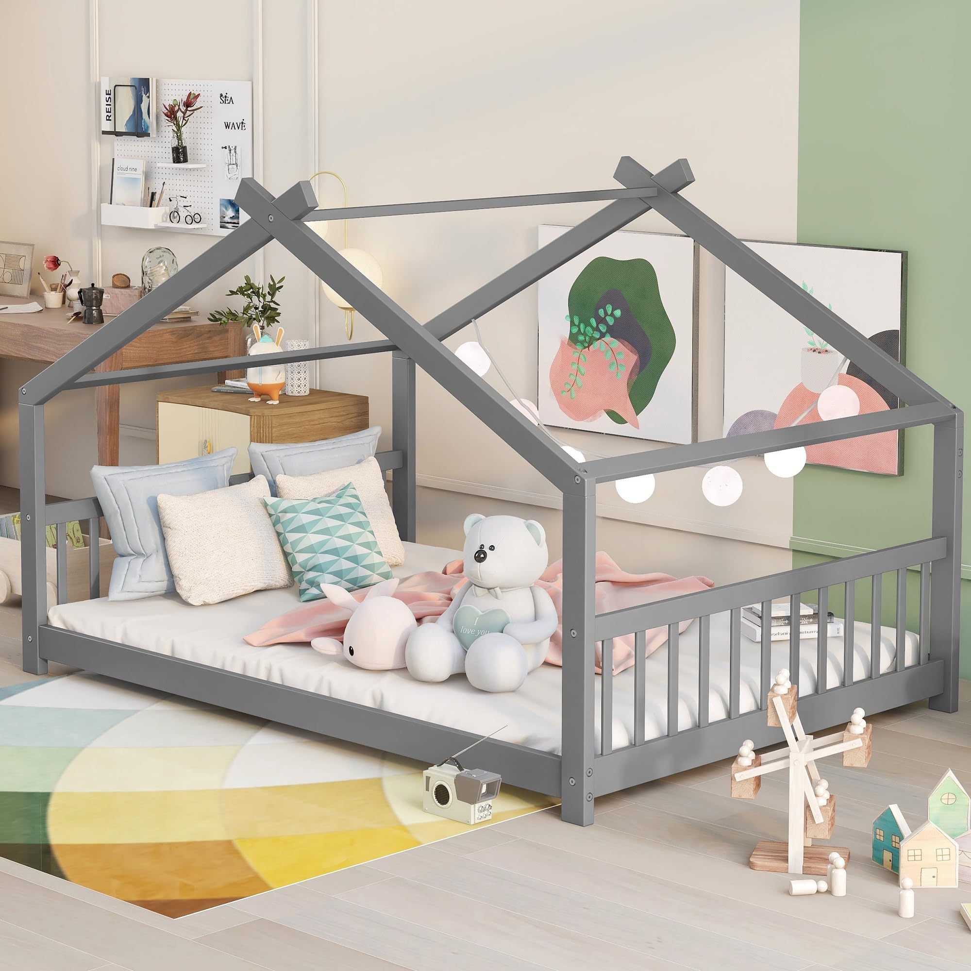 Montessori Floor Bed Frame Full Size - Solid Wood House Bed with Headboard & Footboard for Kids, Boys & Girls - Safe & Sturdy Toddler Bed for Montessori Bedroom (Gray) | Perfect for Montessori Learning & Playroom Decor