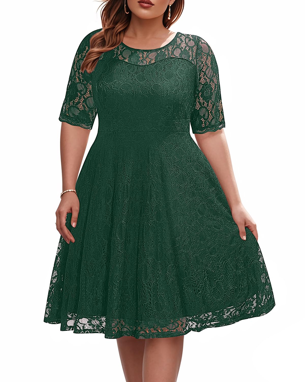 Plus Size Women's Lace V-Neck Midi Dress for Wedding Guest, Bridal Shower & Cocktail Party | Elegant Semi-Formal Attire for Special Occasions