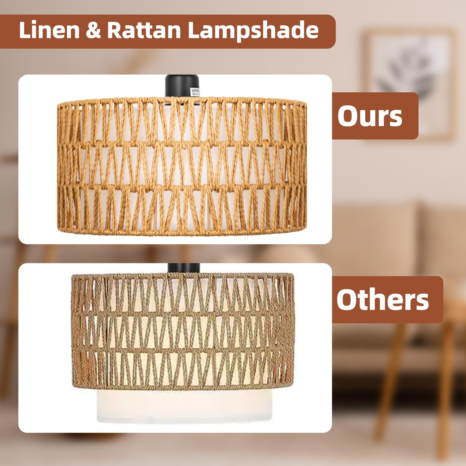 Boho Rattan Floor Lamp with Double Linen Shades - 9W LED Bulb & Foot Switch - Arc Standing Lamp for Living Room, Bedroom, Office - Perfect for Cozy Reading Nooks and Modern Boho Decor