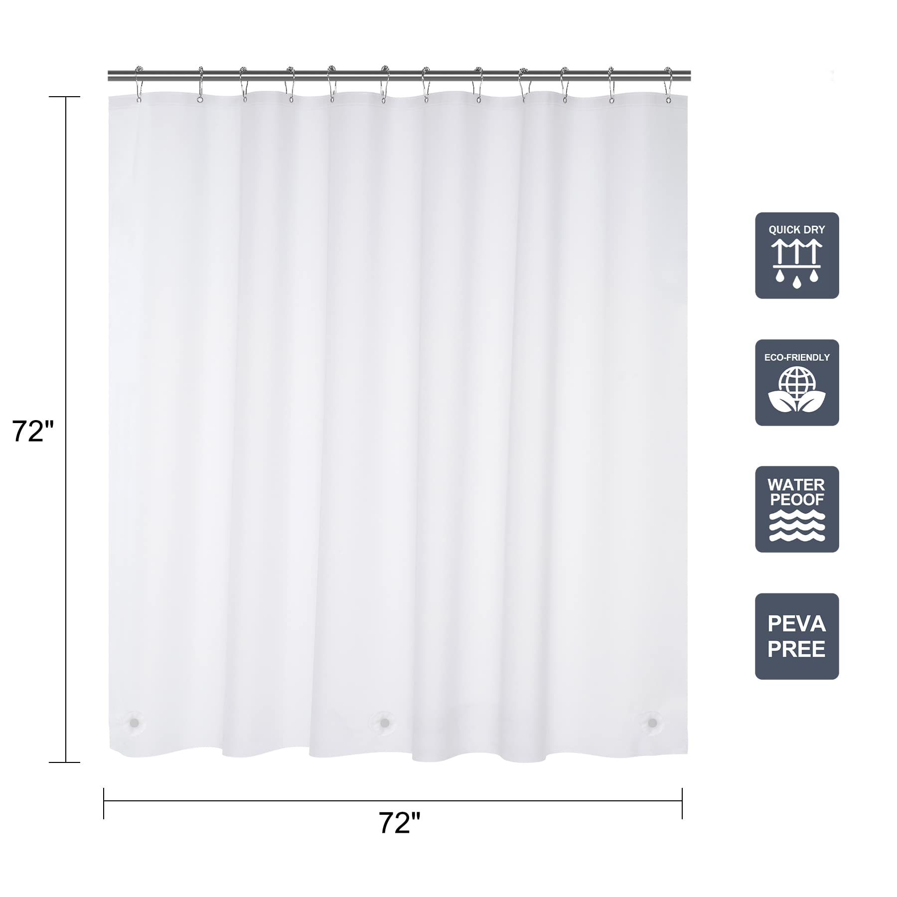 Titanker 12-Pack Rustproof Shower Curtain Hooks & Rings with 72x72 Inch Frosted PEVA Shower Curtain Liner - Waterproof Bathroom Decor for Home, Apartment, Dorm