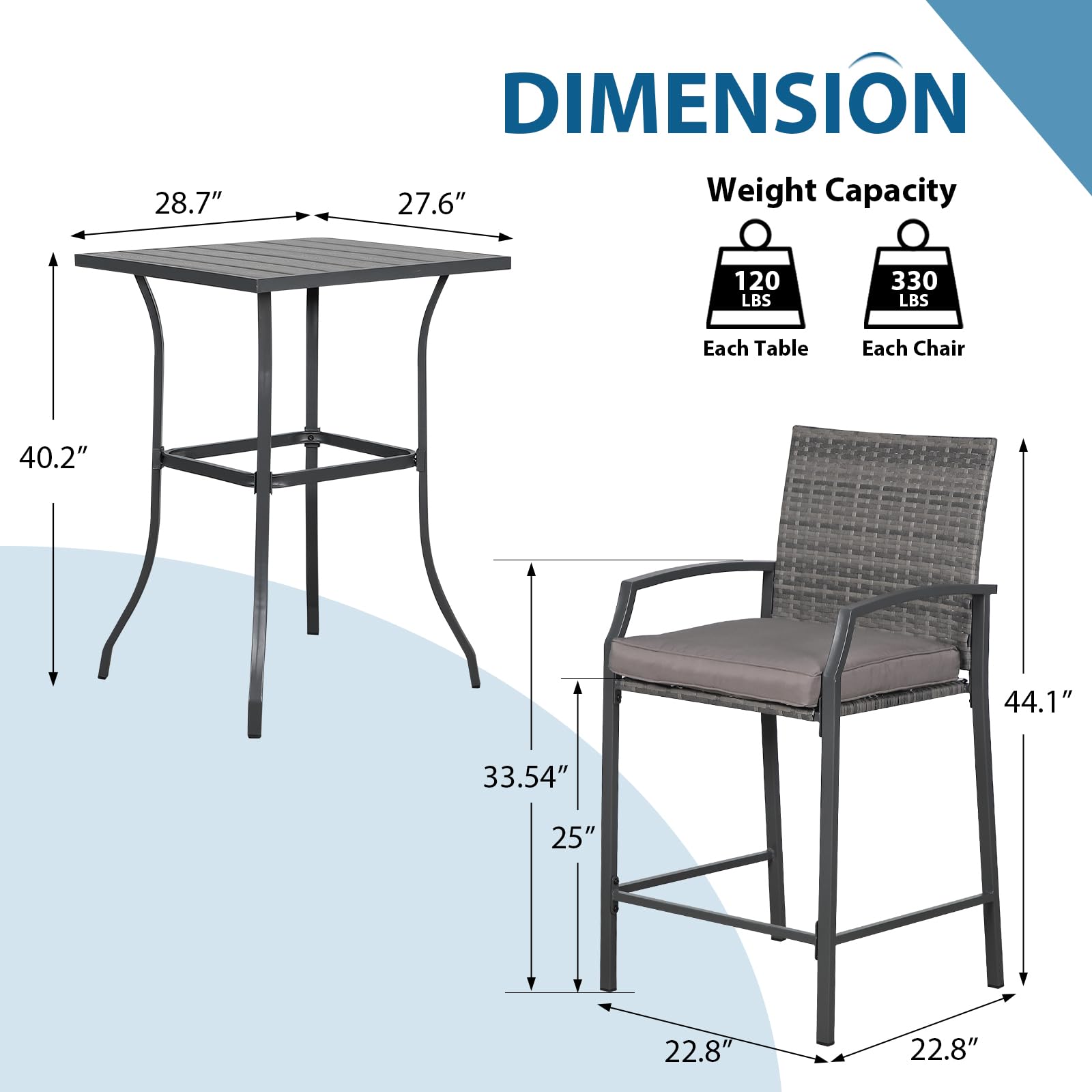 JOIVI 3-Piece Outdoor Patio Bar Set - Counter Height Wicker Bar Stools with Wood Top Table & Cushions - Perfect for Backyard, Balcony, Deck or Poolside Dining for 2 People - Ideal for Entertaining, Relaxing & Outdoor Gatherings