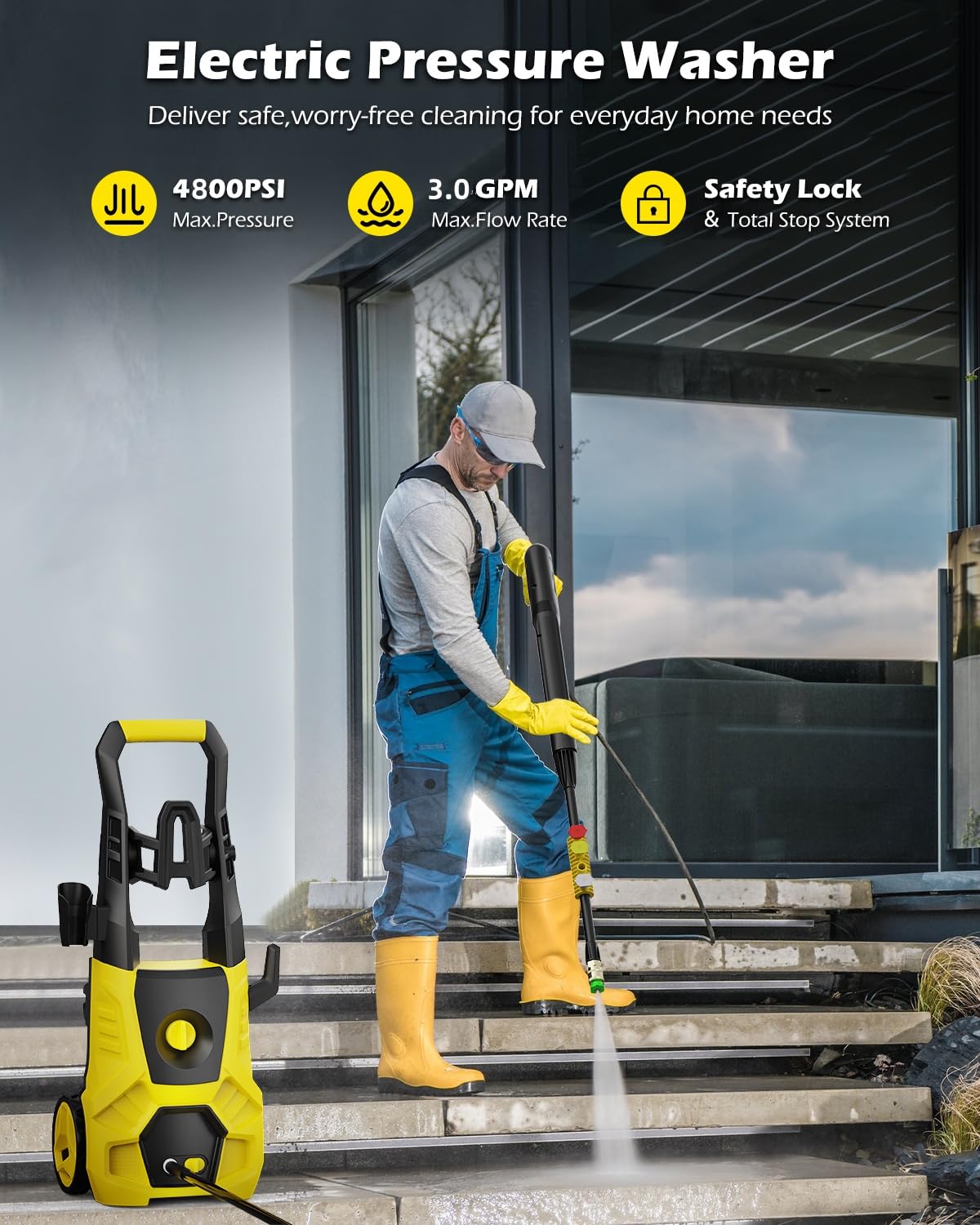 4800 PSI Electric Pressure Washer with Foam Cannon - 3.0 GPM High Power Cleaning Machine, 35FT Cord & 4 Nozzles - Perfect for Cars, Fences, Driveways, Patios and Home Deep Cleaning - Heavy Duty Outdoor & Indoor Cleaning Solution