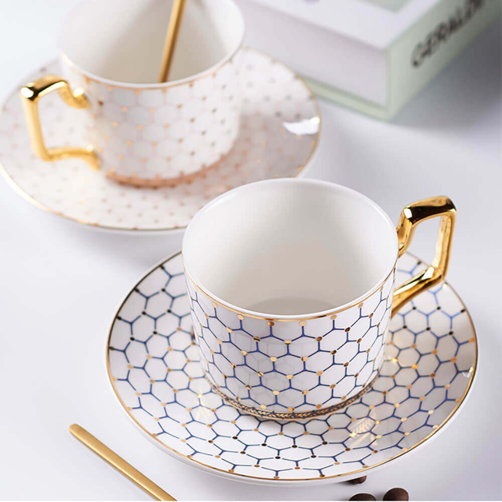 Premium Honeycomb Tea Cups and Saucers Set - Elegant Porcelain Tea Set with Matching Saucers - Perfect for Afternoon Tea, Gifts, and Home Decor