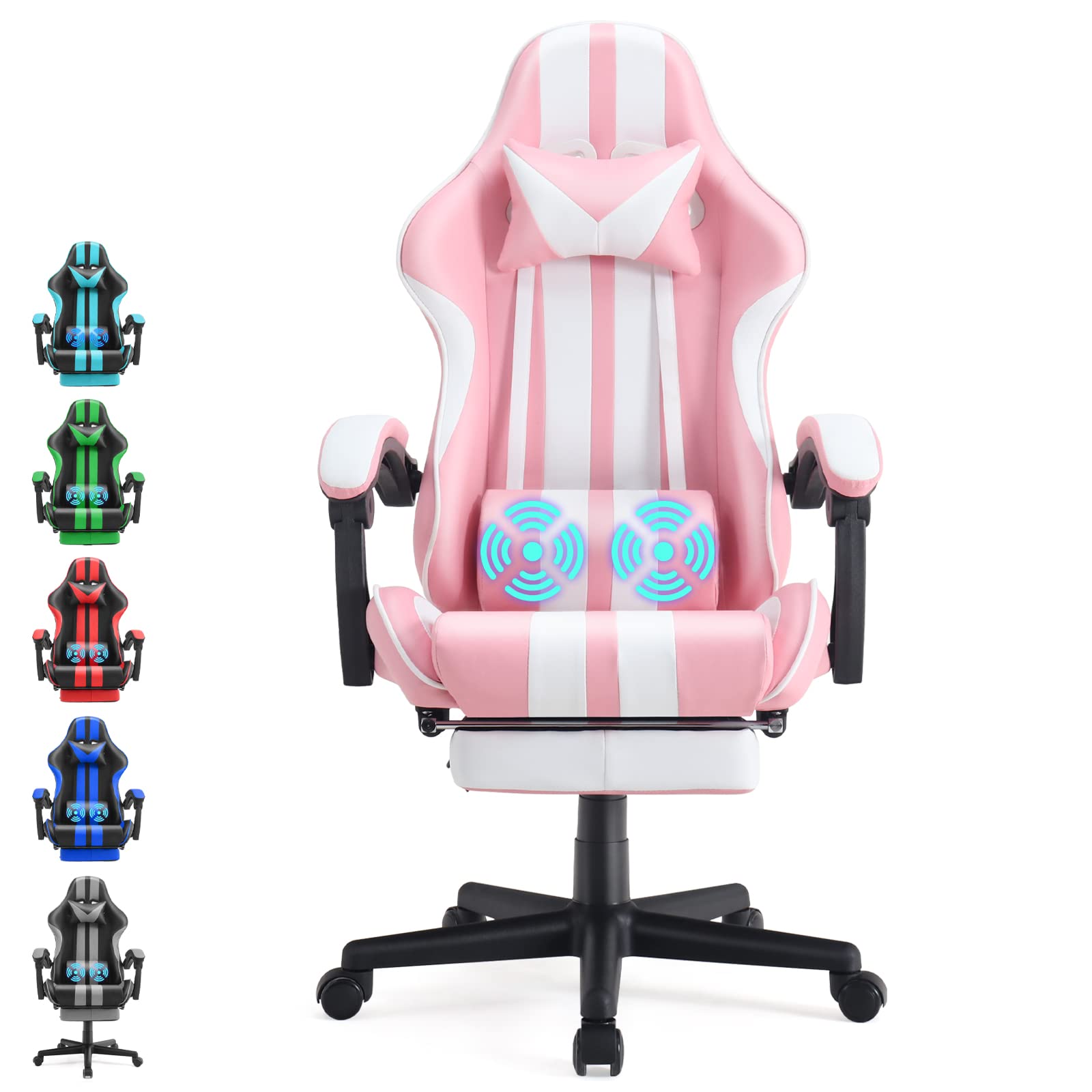 Premium Gaming Chair with Footrest & Massage - Ergonomic Computer Game Chair for Adults & Teens - Perfect for Gaming, Live Streaming & Office Use - Racing Style in Pink - Ideal Christmas/Xmas Gift for Gamers