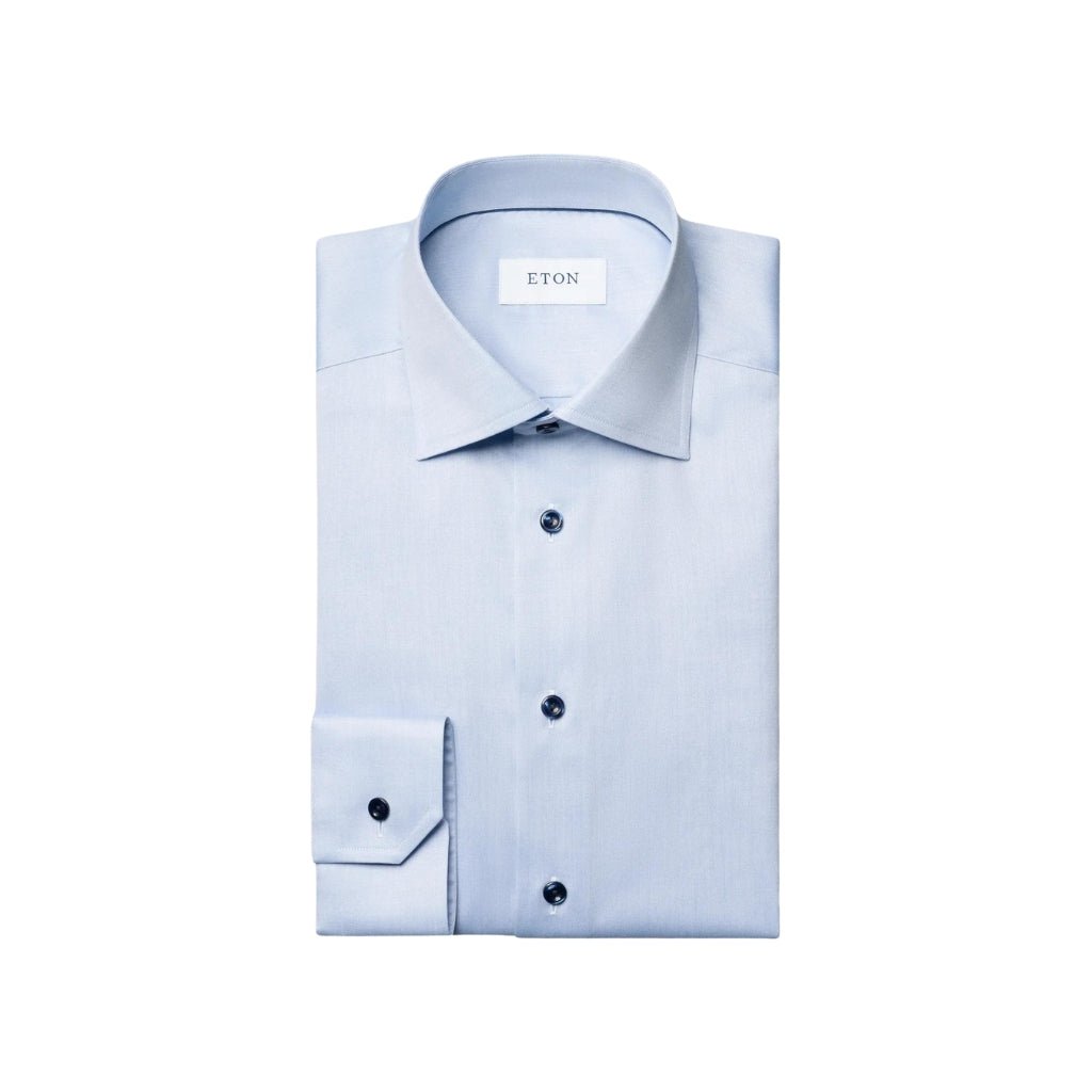 ETON Men's Plain Dress Shirt with Contrast Buttons - Contemporary Slim Fit Light Blue for Business Casual & Office Wear