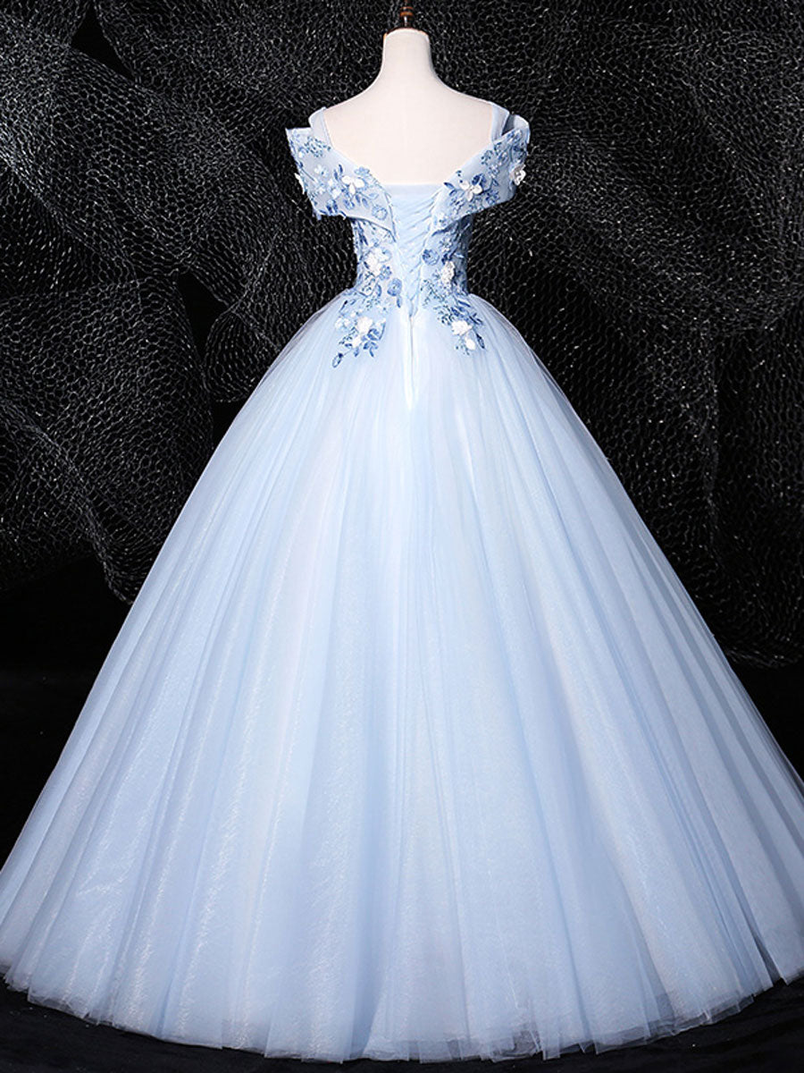 Elegant Blue V-Neck Tulle Lace Long Formal Prom Dress for Women | Sweet 16 Party Gown | Perfect for Homecoming, Quinceañera & Evening Events
