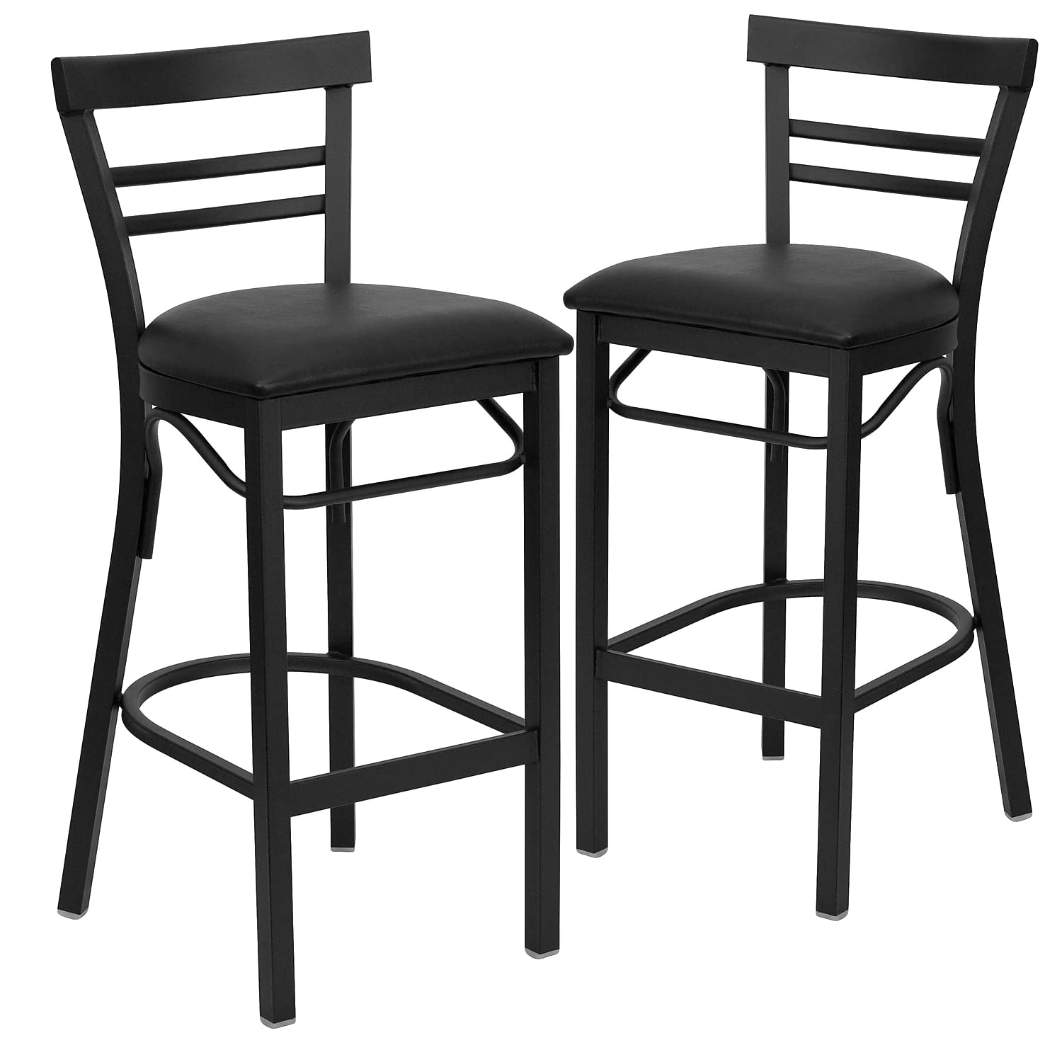 Flash Furniture 2-Pack HERCULES Series Black Metal Bar Stools with 2-Slat Ladder Back & Vinyl Seat - Heavy Duty Restaurant & Home Bar Stools for Kitchen Counter, Breakfast Nook & Commercial Use