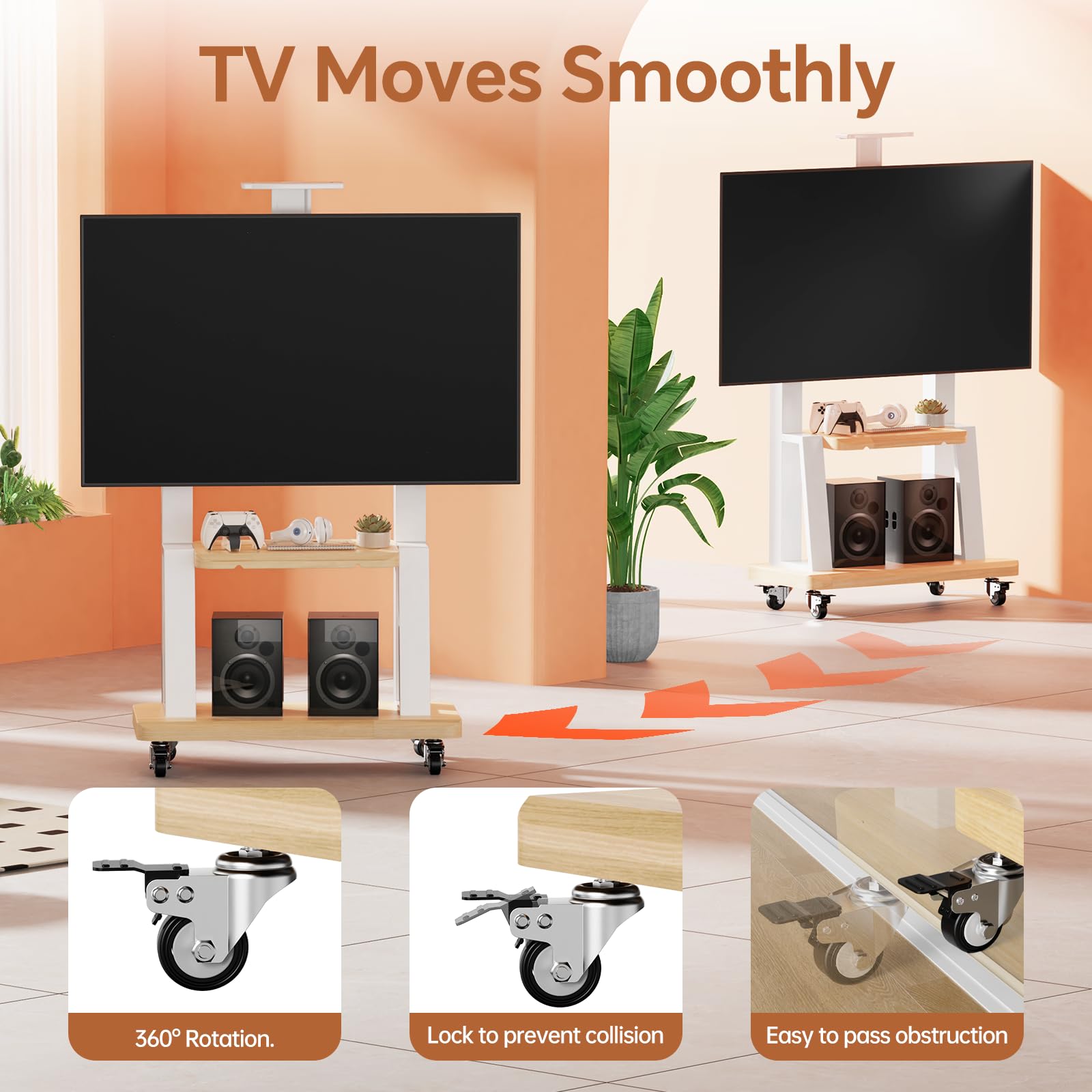 Rolling TV Stand for 32-75 Inch Flat/Curved LED/LCD/OLED TVs - Heavy-Duty Mobile TV Cart with Wheels, Adjustable Height & Shelf, Supports up to 180lbs (Max VESA 600x400mm, White) - Perfect for Living Rooms, Bedrooms & Home Theaters