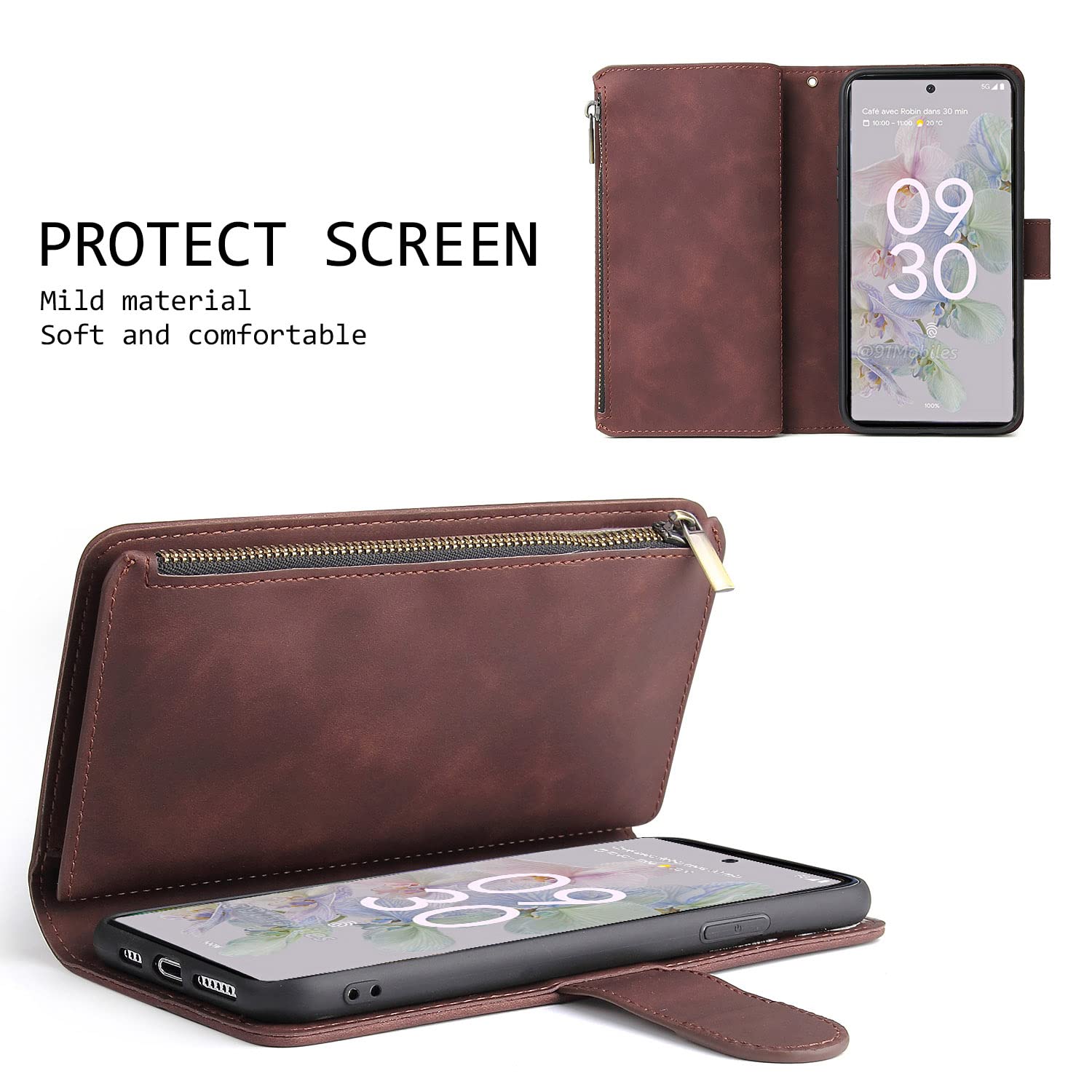 **Google Pixel 7 Pro Magnetic Leather Wallet Case – 6-Card Holder, Hand Strap & Zipper Pocket – Shockproof Flip Cover with Stand for Men & Women (Coffee) – Perfect for Travel, Work & Daily Use**