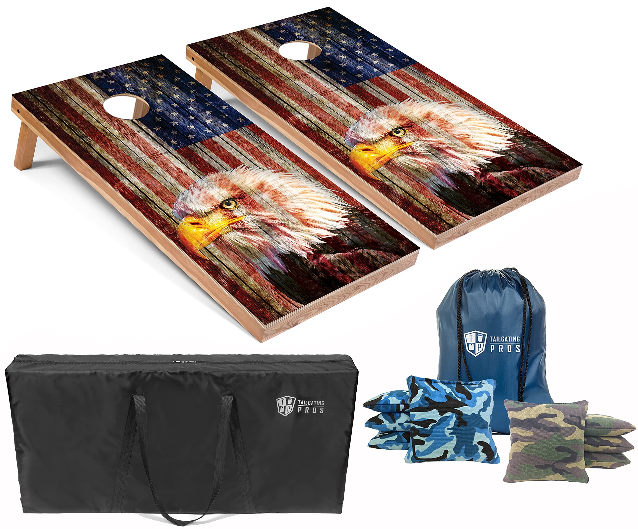 Patriotic Eagle US Flag Design Cornhole Board Set with Bean Bags & Carrying Case - 4'x2' Cornhole Toss Game - Optional LED Lights - Perfect for Tailgating, Backyard BBQs, and 4th of July Parties