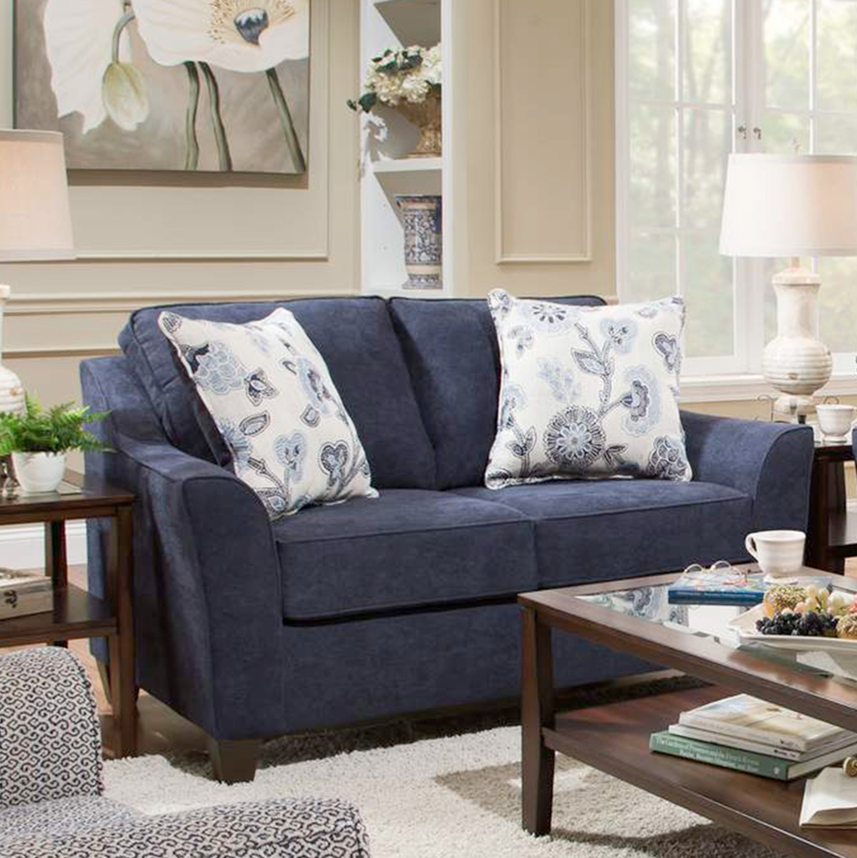 Transitional Style Navy Blue Fabric Flared Arm Loveseat - Comfortable Small Sofa for Living Room, Apartment, or Office Space