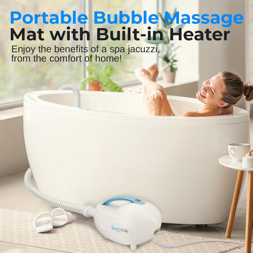 SereneLife Electric Bubble Massage Mat - Waterproof Full Body Massager with Heated Air Bubbles, Motorized Spa System & Essential Oil Aroma Clip - Relaxing Hydrotherapy for Home, Bath Tub, Pool - Blue