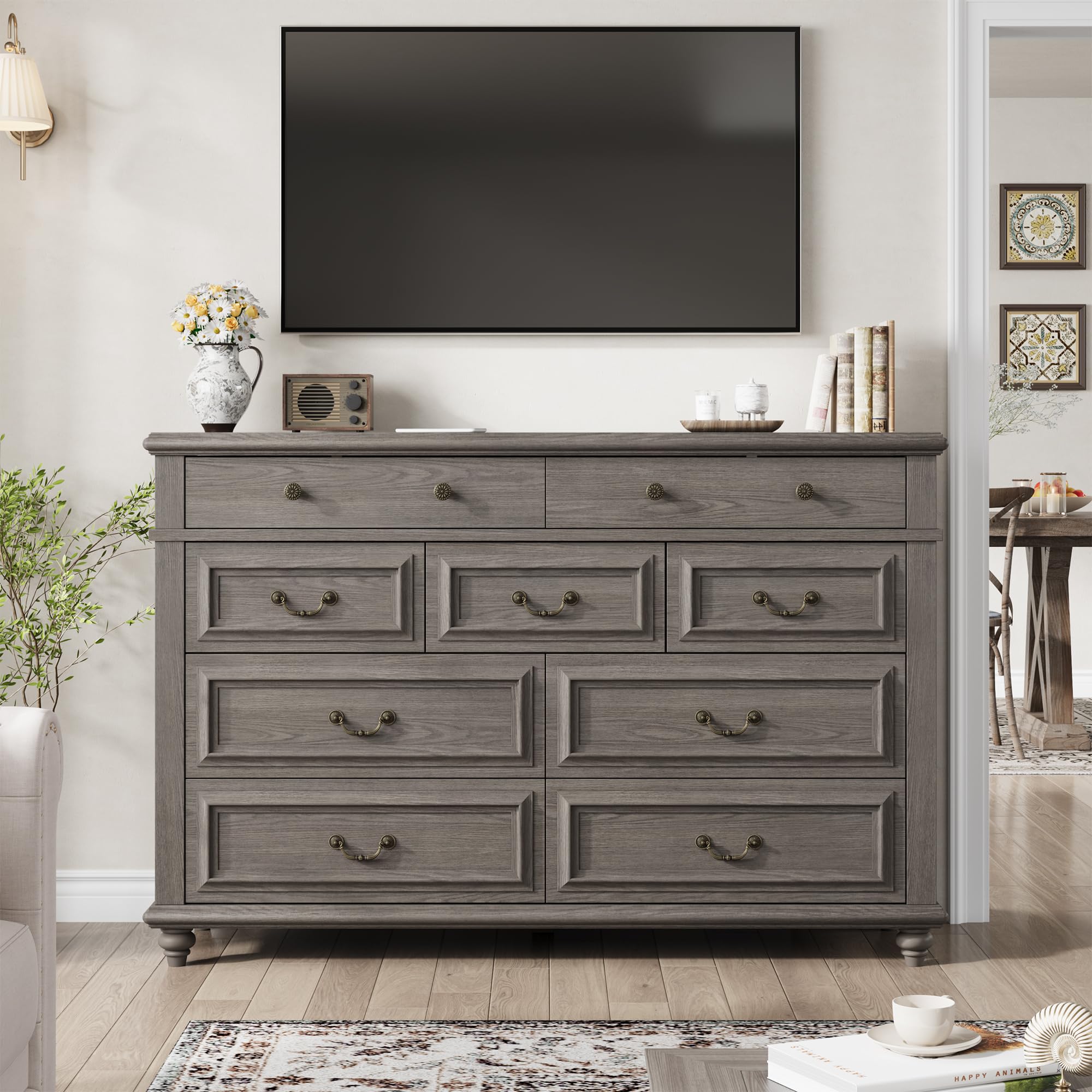Farmhouse 9-Drawer Dresser with Deep Storage - Large Grey Wooden Chest of Drawers for Bedroom, Living Room & Hallway | Perfect for Organizing Clothes, Linens & Home Decor (Grey, 9-Drawer)