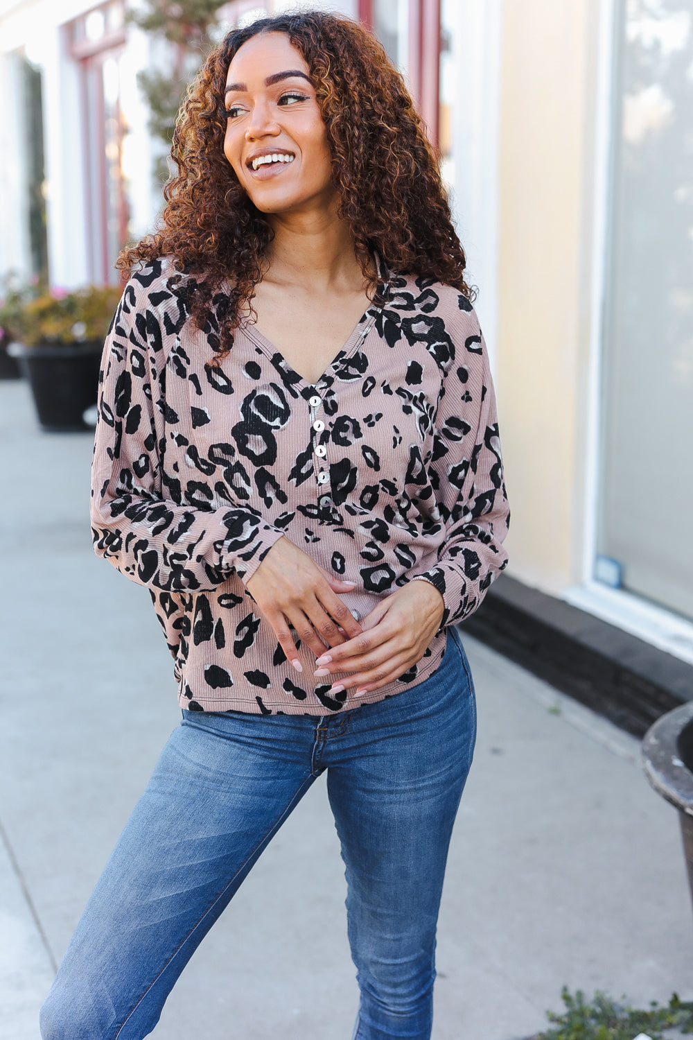 Be Bold Beige Rib Animal Print Button Front Dolman Pullover Sweater - Trendy Casual Wear for Women, Perfect for Office, Date Night & Fall Outfits