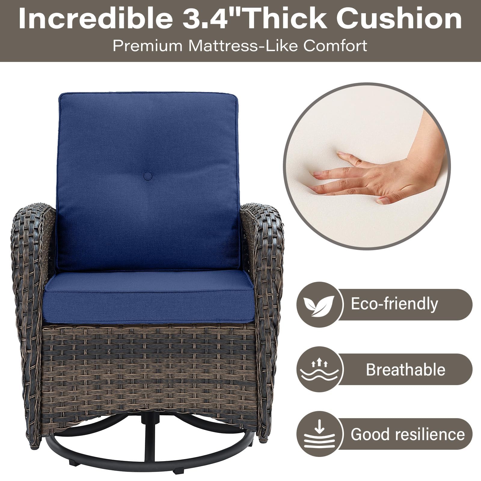 PE Wicker Patio Swivel Glider Chair with Cushions - Outdoor Rocking Chair for Porch, Deck & Balcony - Brown Wicker with Blue Cushion - Perfect for Relaxing, Sunbathing & Entertaining Guests