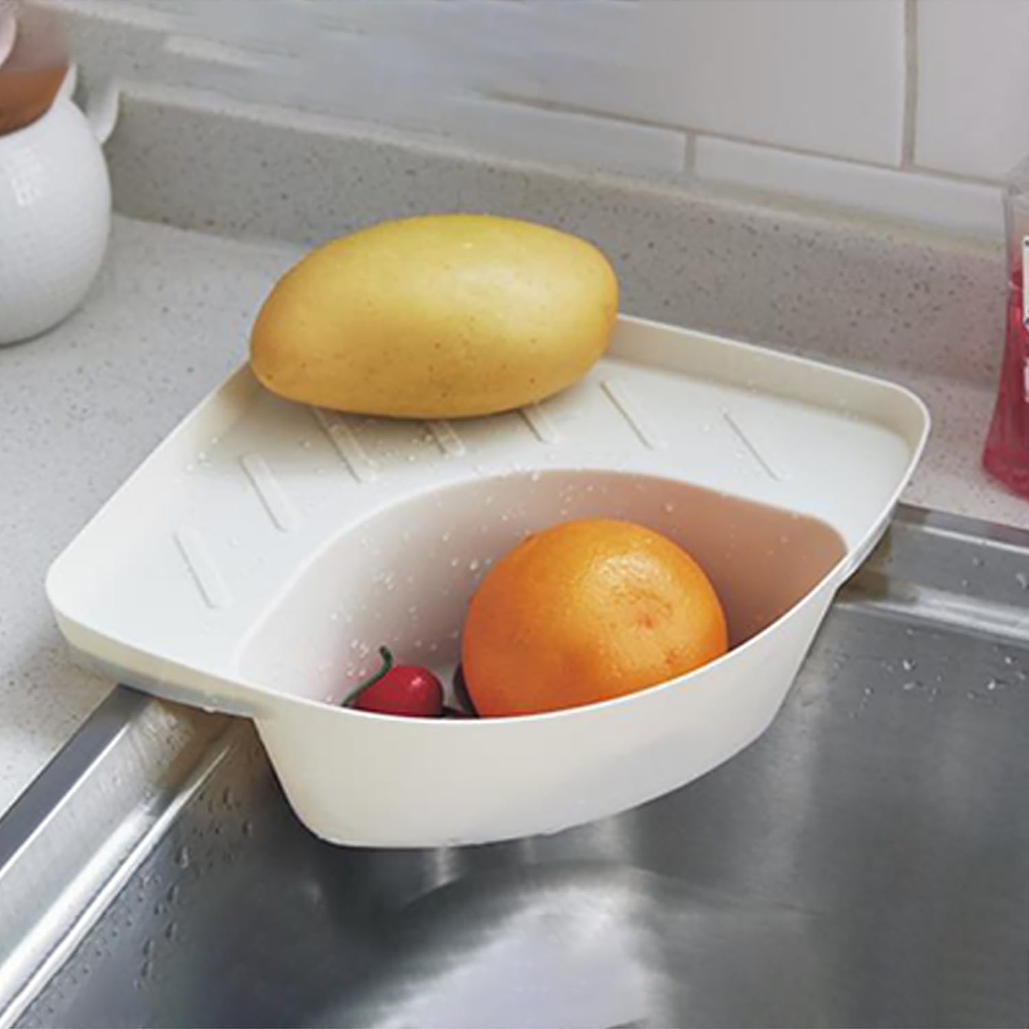 Kuber Industries Multi-Purpose Kitchen Sink Stand - Food Strainer & Vegetable Fruit Drainer Holder with Sink Stopper Shifter - White (TM20002WH) - Perfect for Washing, Draining & Organizing Fruits, Vegetables & Dishes